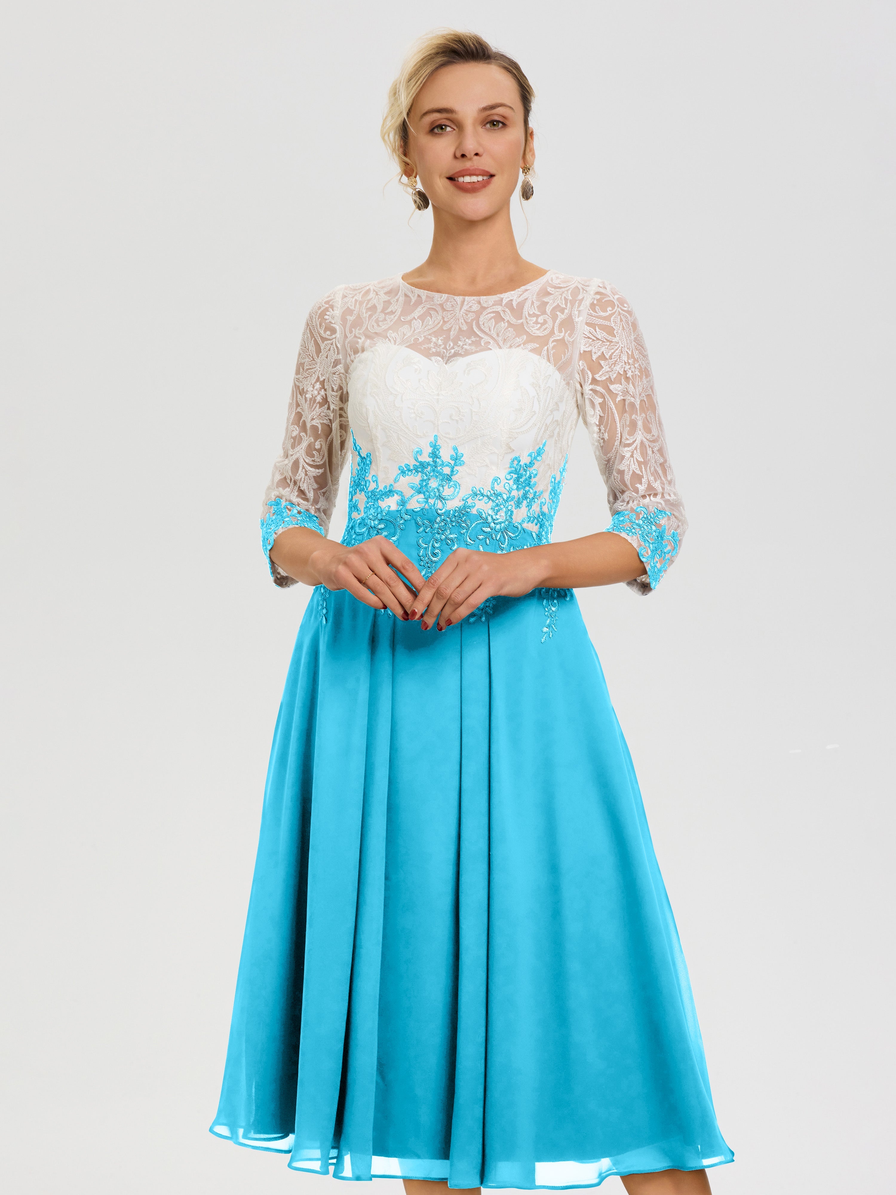 Robe De Cérémonie Mère De La Mariée Piscine Col Rond Mousseline & Dentelle 3/4 Manches Robe Mère Mariée