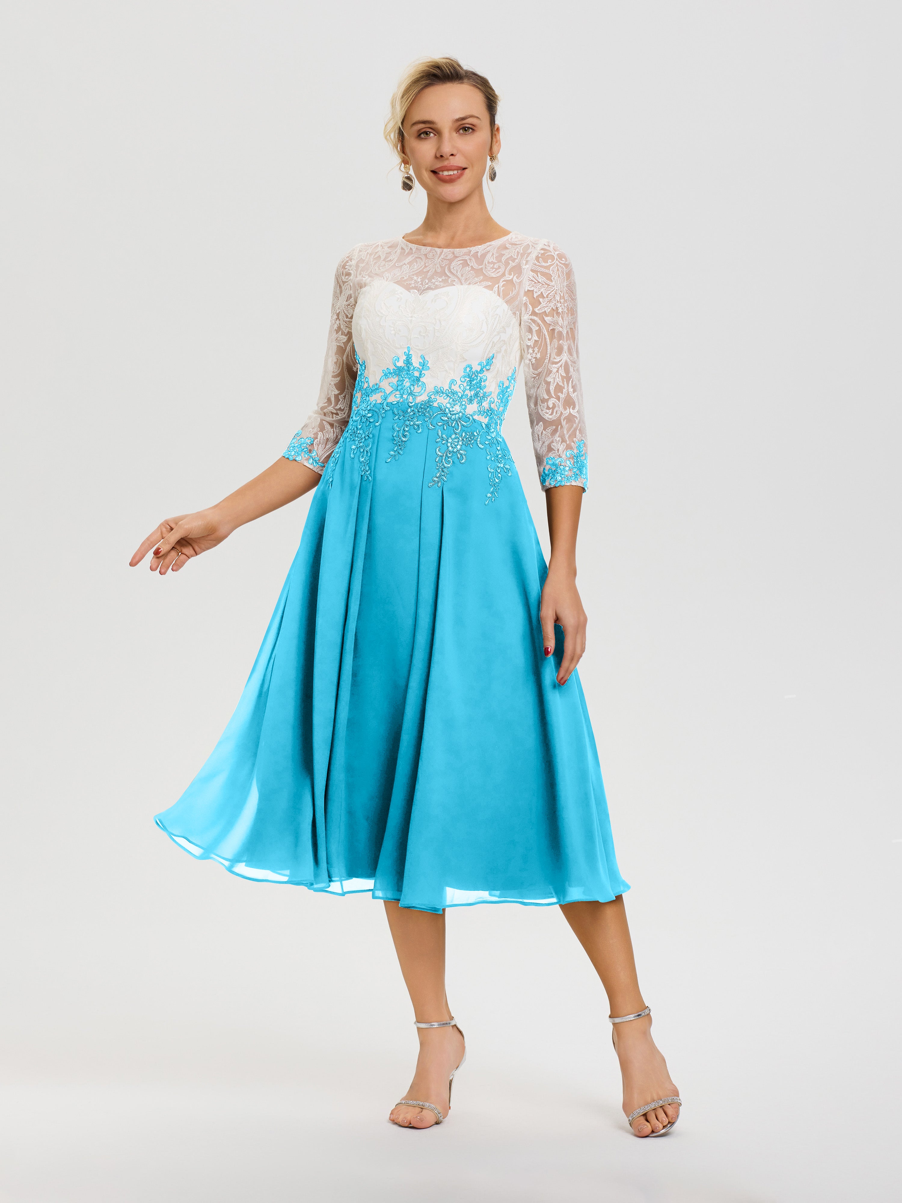 Robe De Cérémonie Mère De La Mariée Piscine Col Rond Mousseline & Dentelle 3/4 Manches Robe Mère Mariée