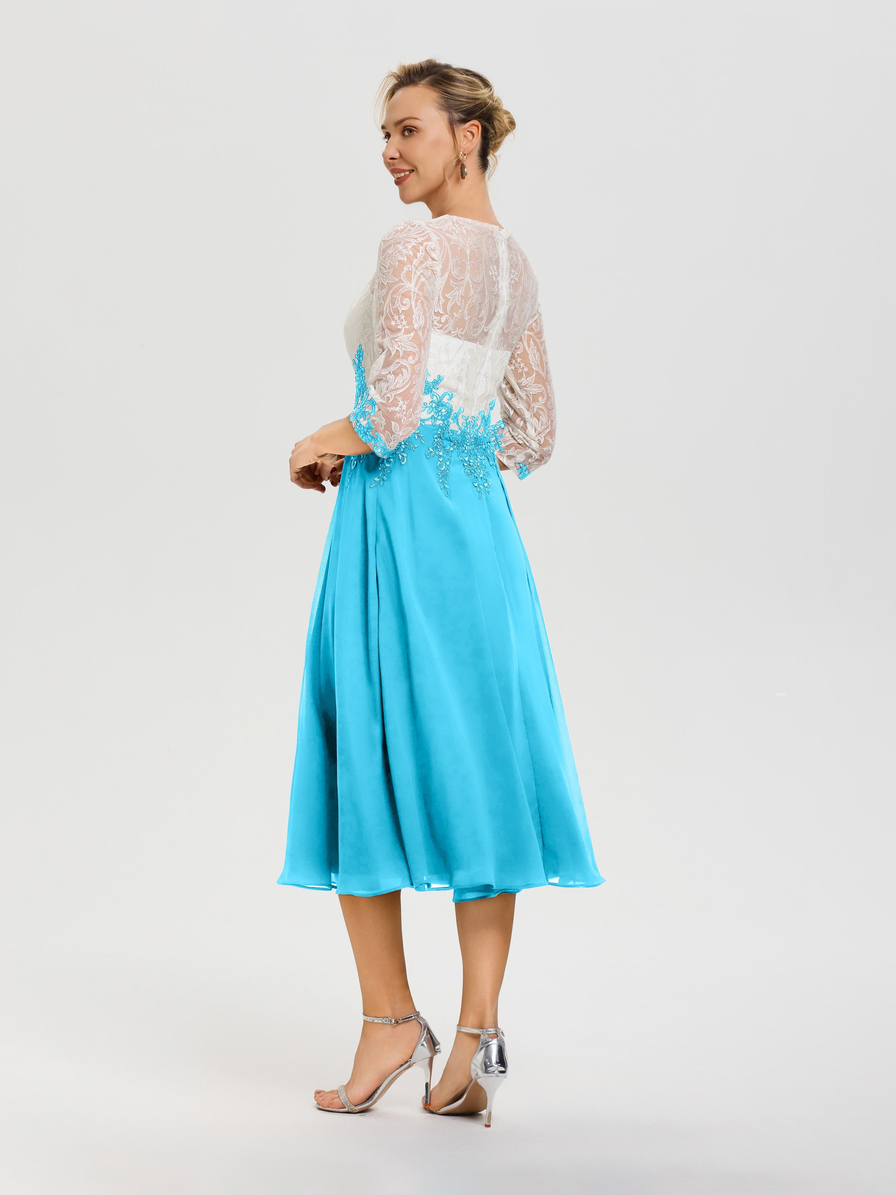 Robe De Cérémonie Mère De La Mariée Piscine Col Rond Mousseline & Dentelle 3/4 Manches Robe Mère Mariée