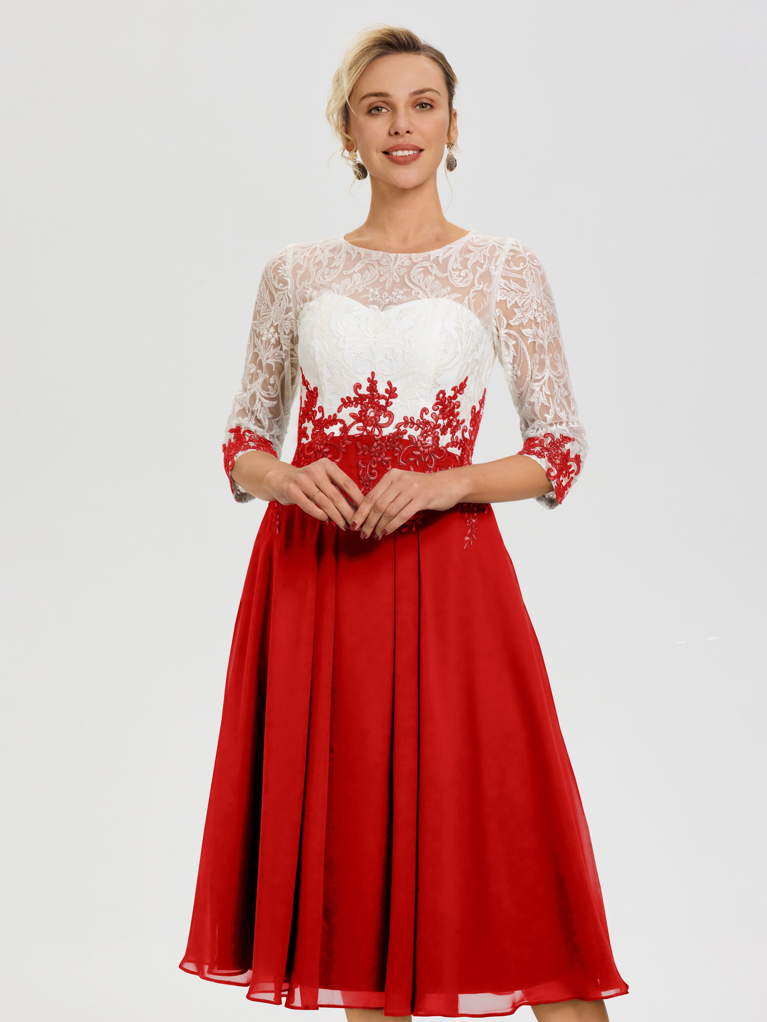 Robe De Cérémonie Mère De La Mariée Rouge Col Rond Mousseline & Dentelle 3/4 Manches Robe Mère Mariée