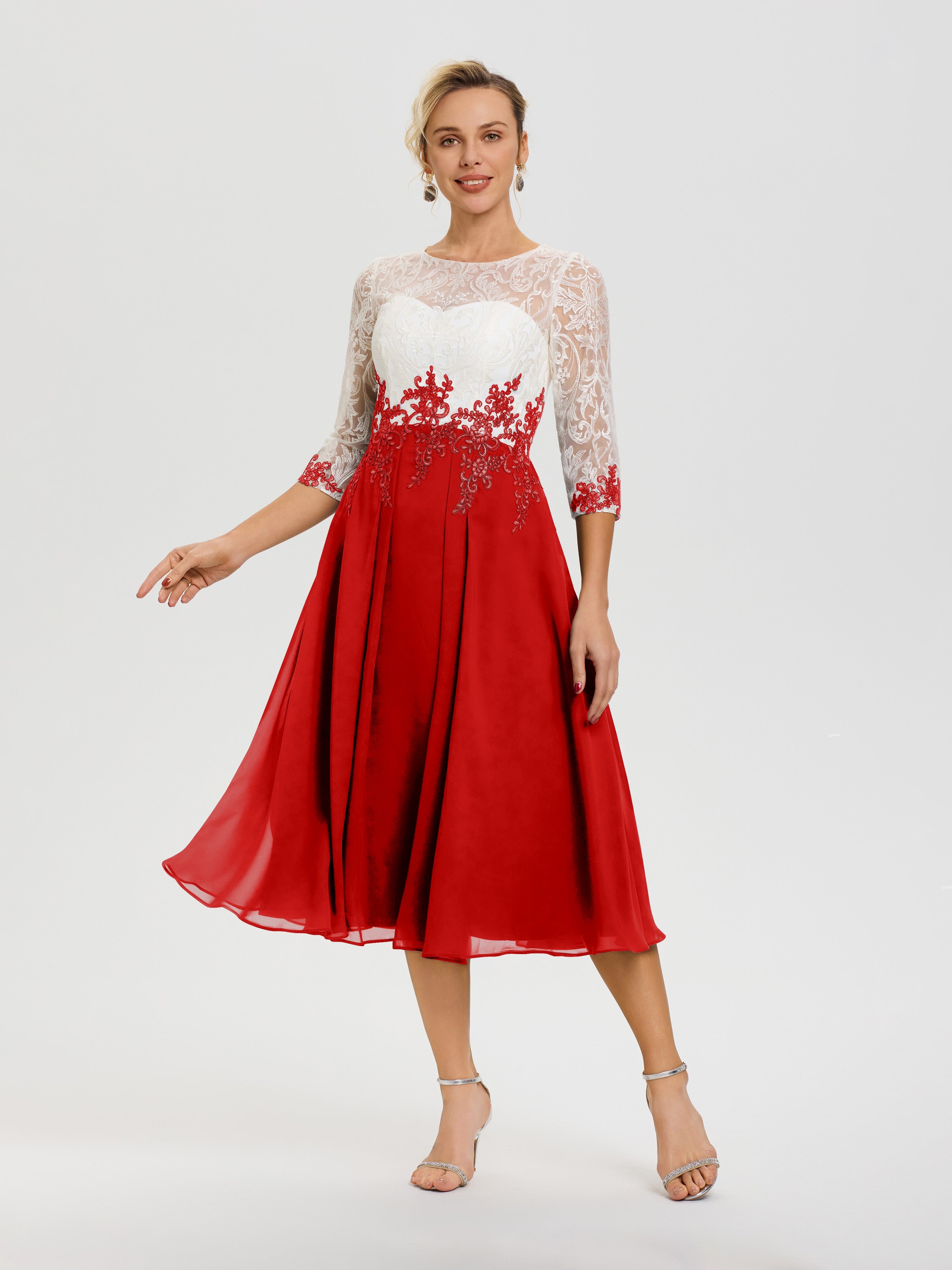 Robe De Cérémonie Mère De La Mariée Rouge Col Rond Mousseline & Dentelle 3/4 Manches Robe Mère Mariée