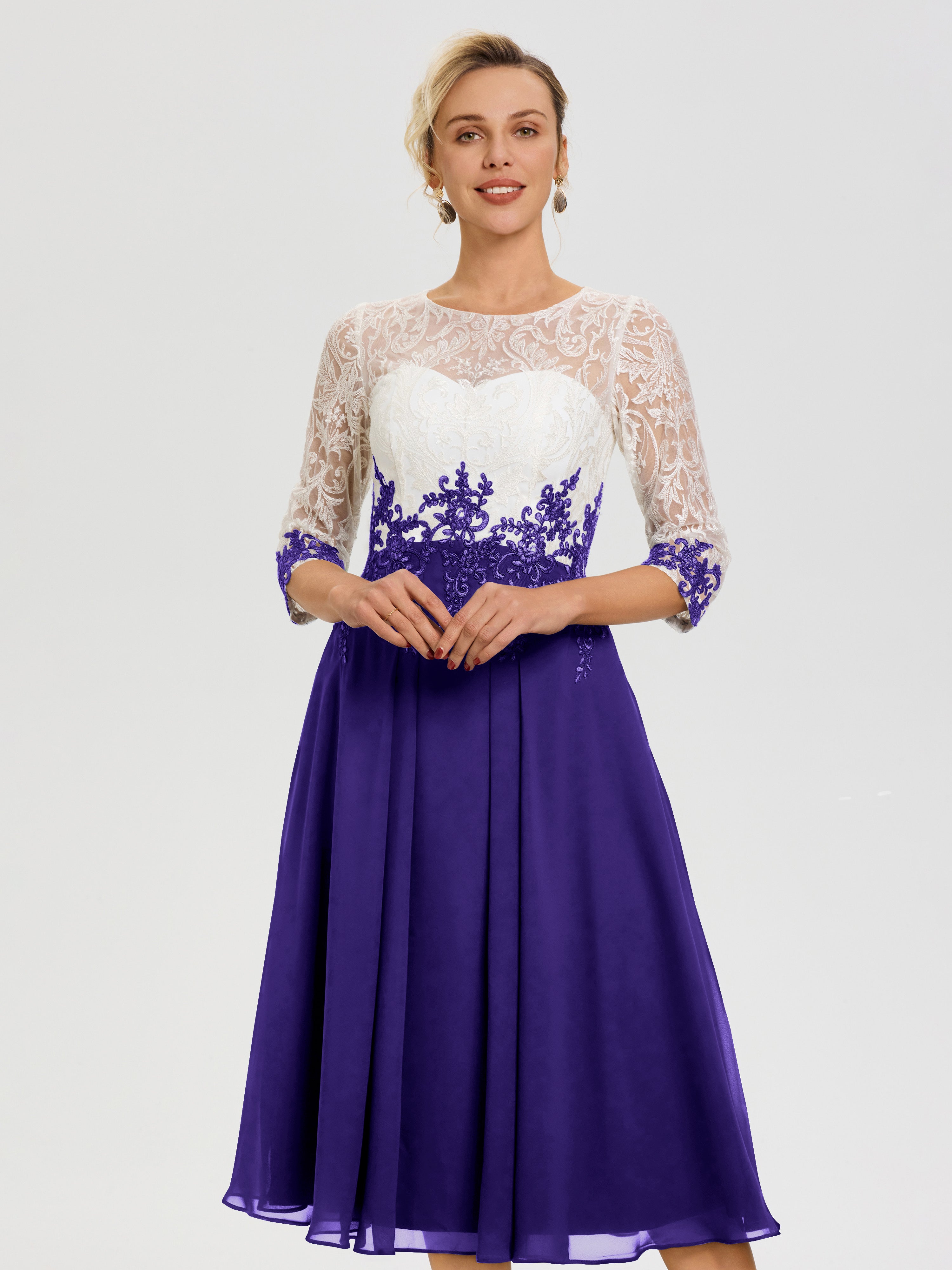 Robe De Cérémonie Mère De La Mariée Régence Col Rond Mousseline & Dentelle 3/4 Manches Robe Mère Mariée