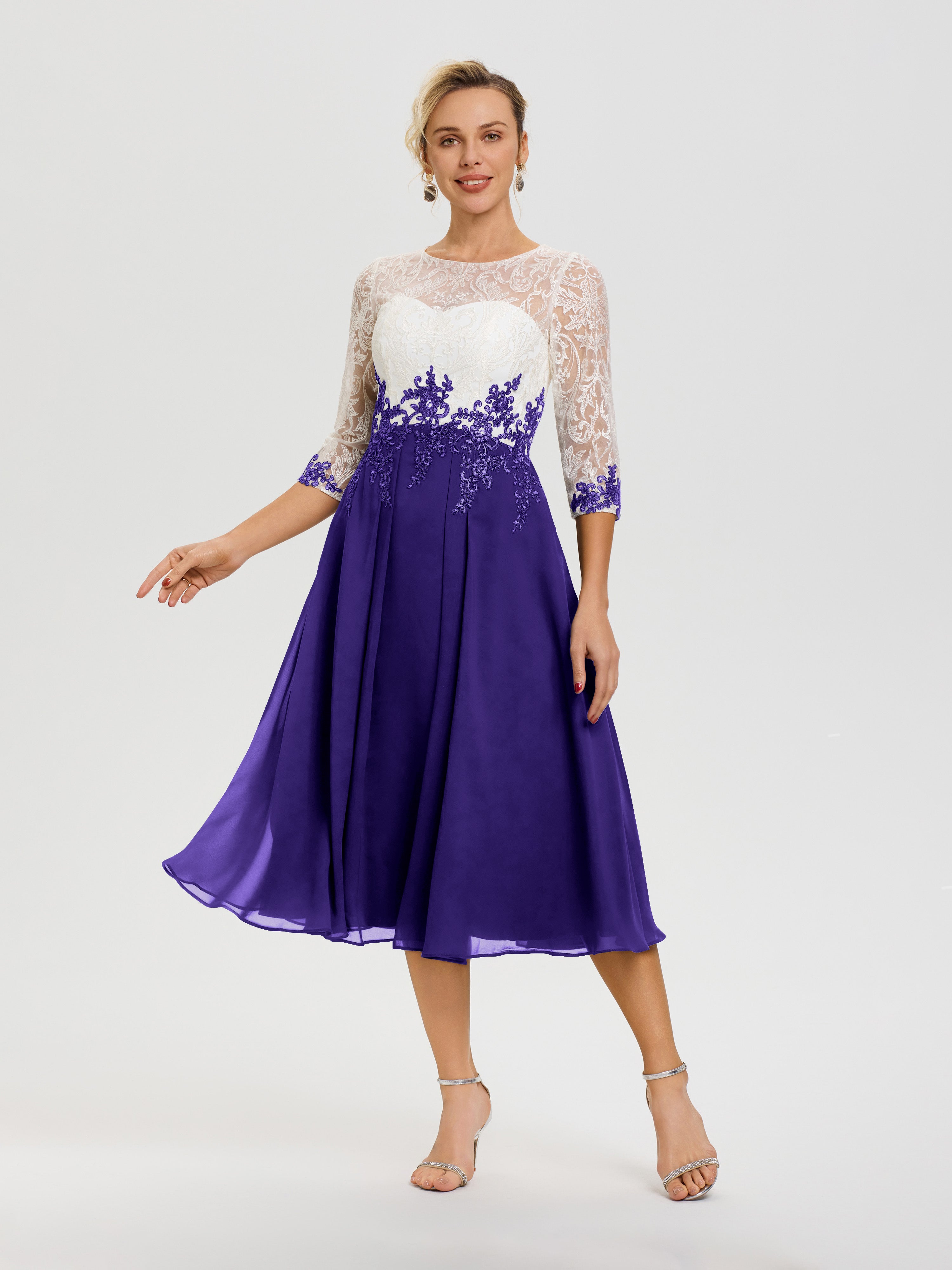 Robe De Cérémonie Mère De La Mariée Régence Col Rond Mousseline & Dentelle 3/4 Manches Robe Mère Mariée
