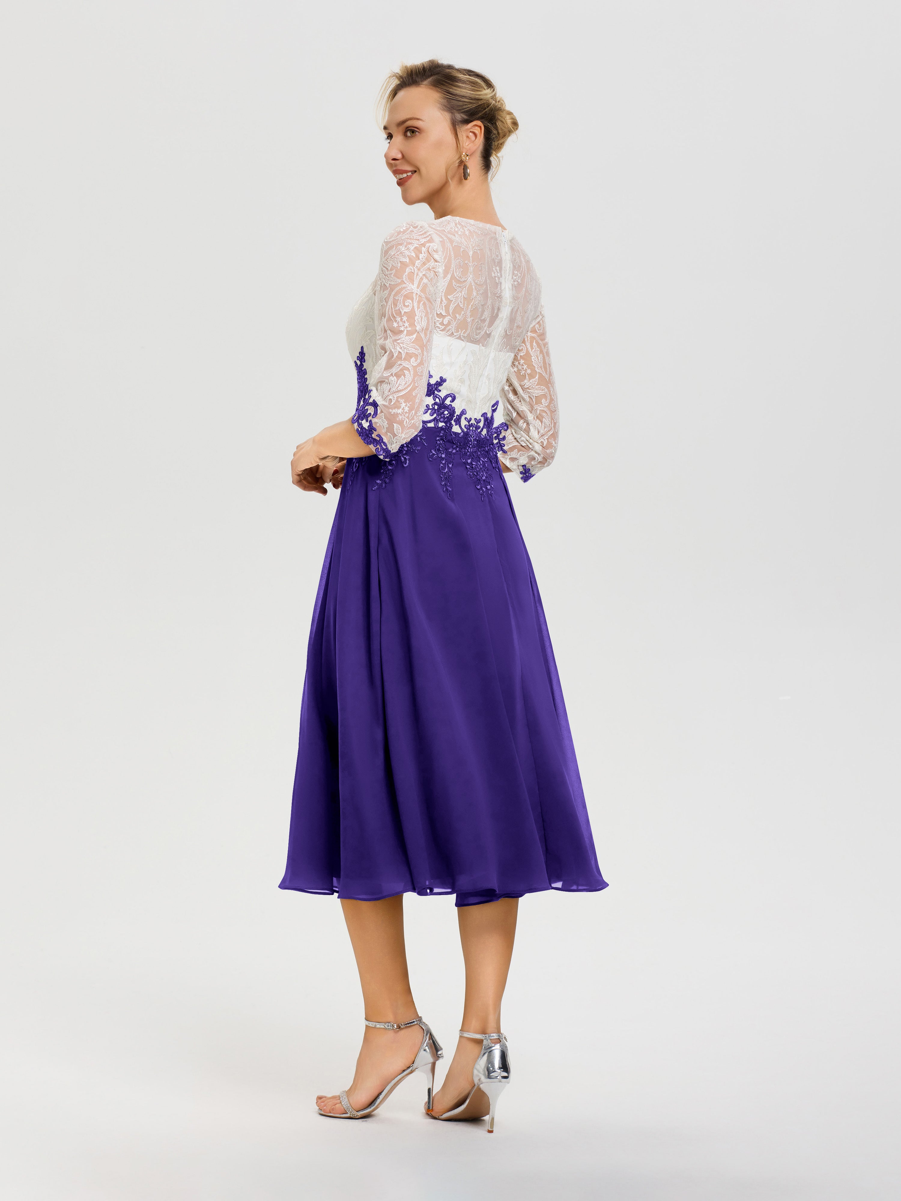Robe De Cérémonie Mère De La Mariée Régence Col Rond Mousseline & Dentelle 3/4 Manches Robe Mère Mariée
