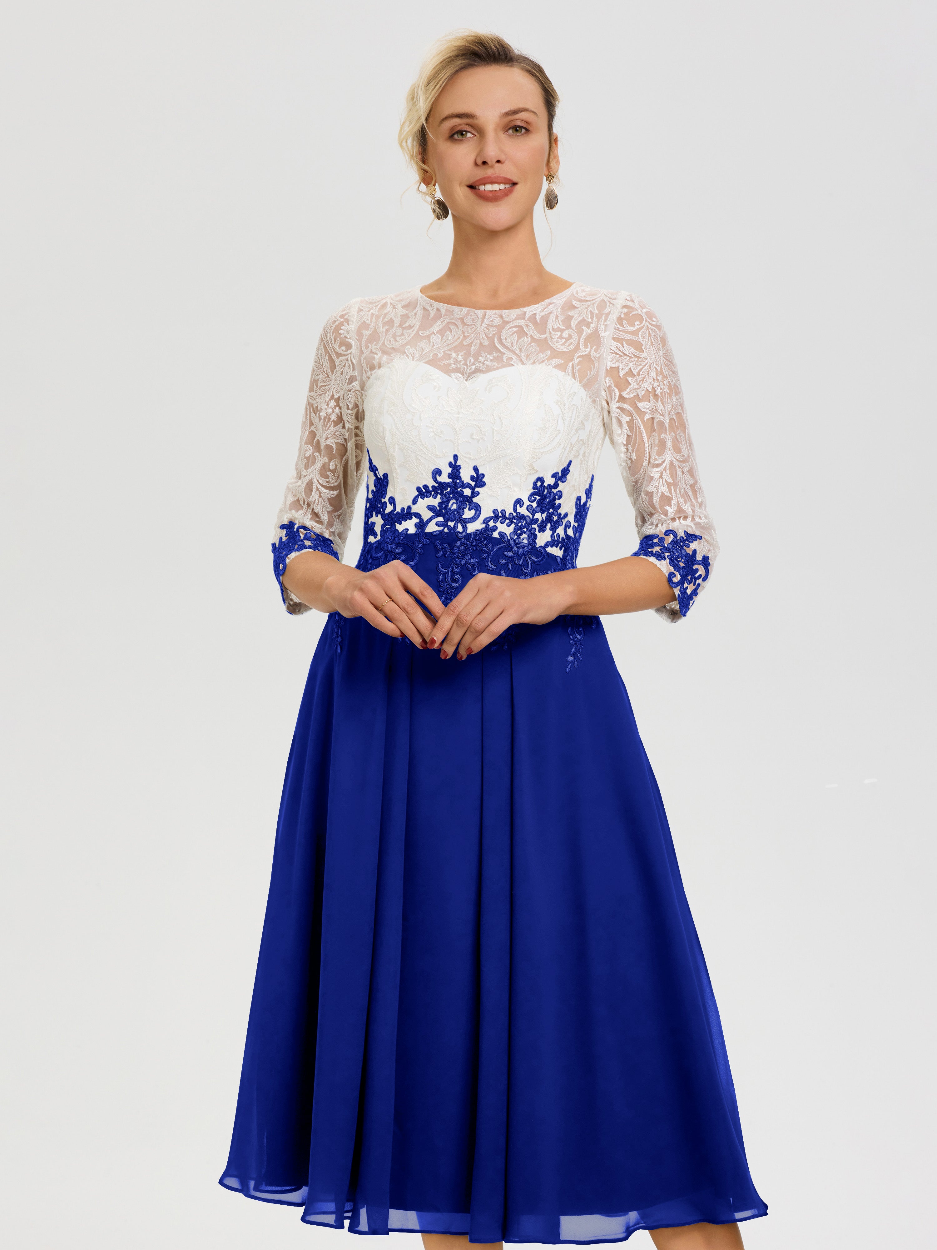 Robe Mère De Mariée Bleu Royale Col Rond Mousseline & Dentelle 3/4 Manches Robe Mère Mariée