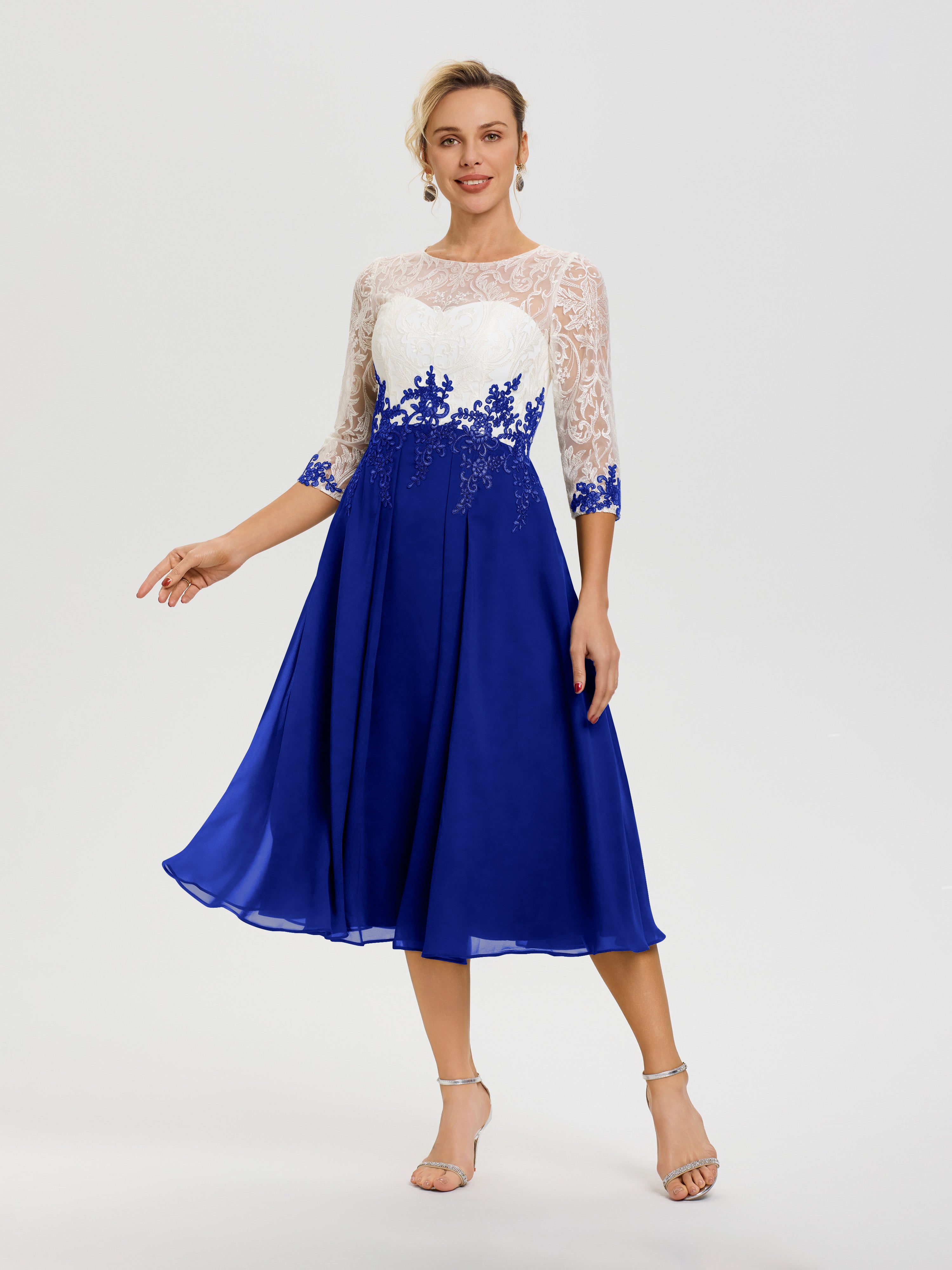 Robe Mère De Mariée Bleu Royale Col Rond Mousseline & Dentelle 3/4 Manches Robe Mère Mariée