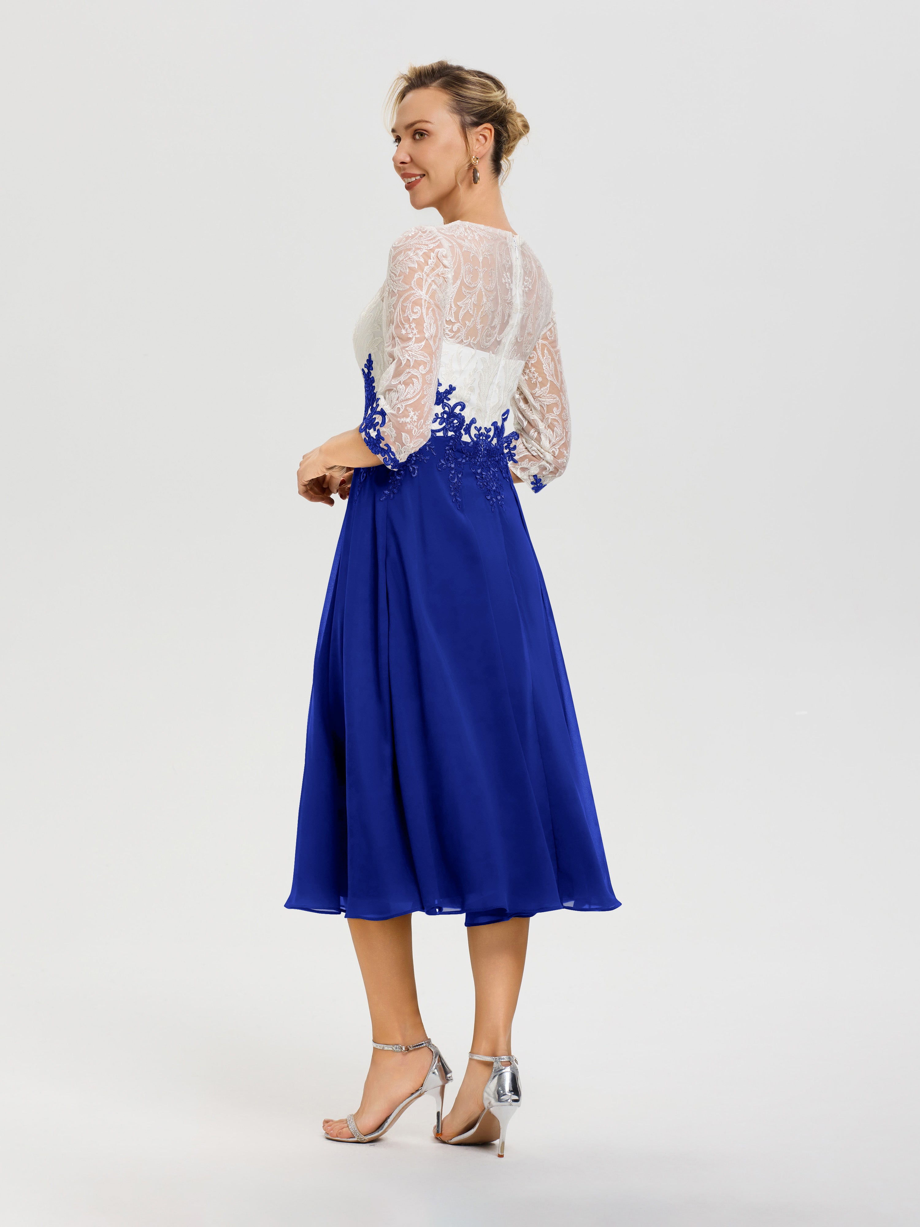 Robe Mère De Mariée Bleu Royale Col Rond Mousseline & Dentelle 3/4 Manches Robe Mère Mariée