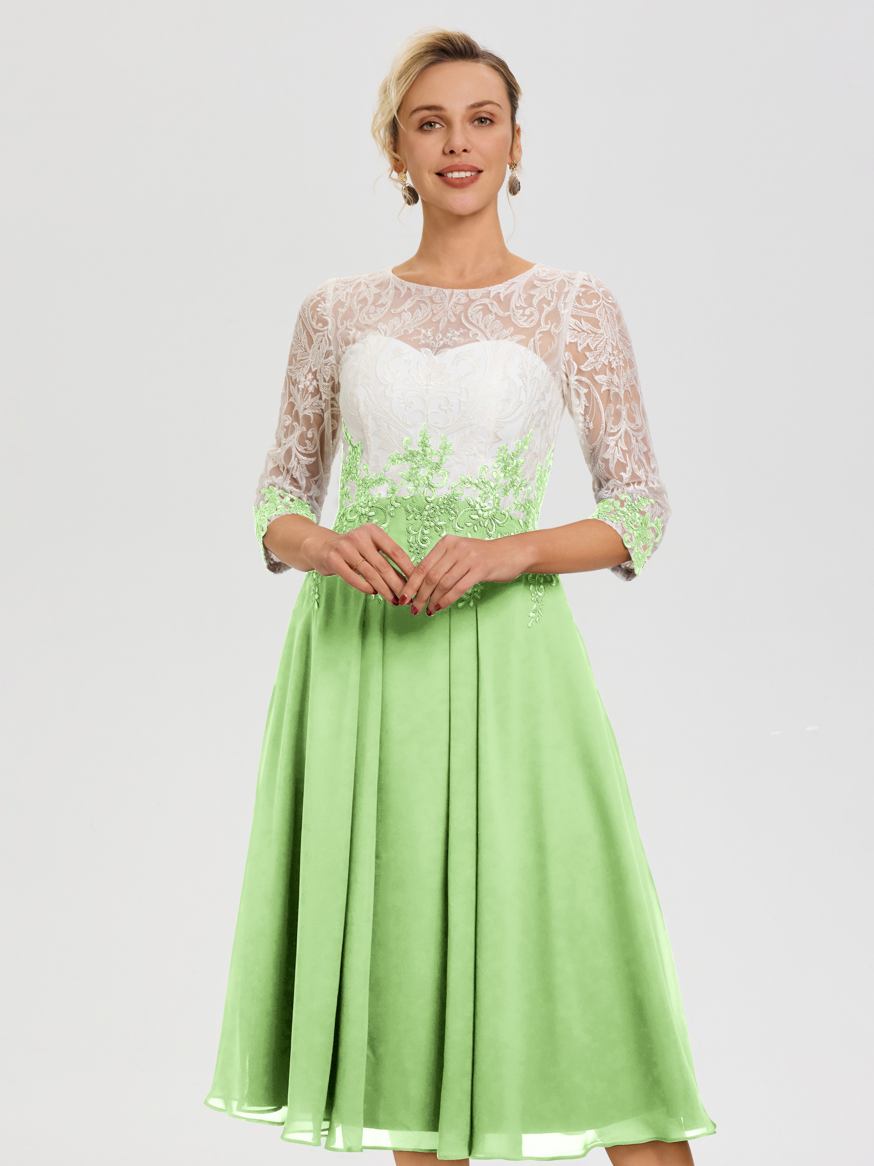 Robes De Mère De Mariée Sauge Col Rond Mousseline & Dentelle 3/4 Manches Robe Mère Mariée