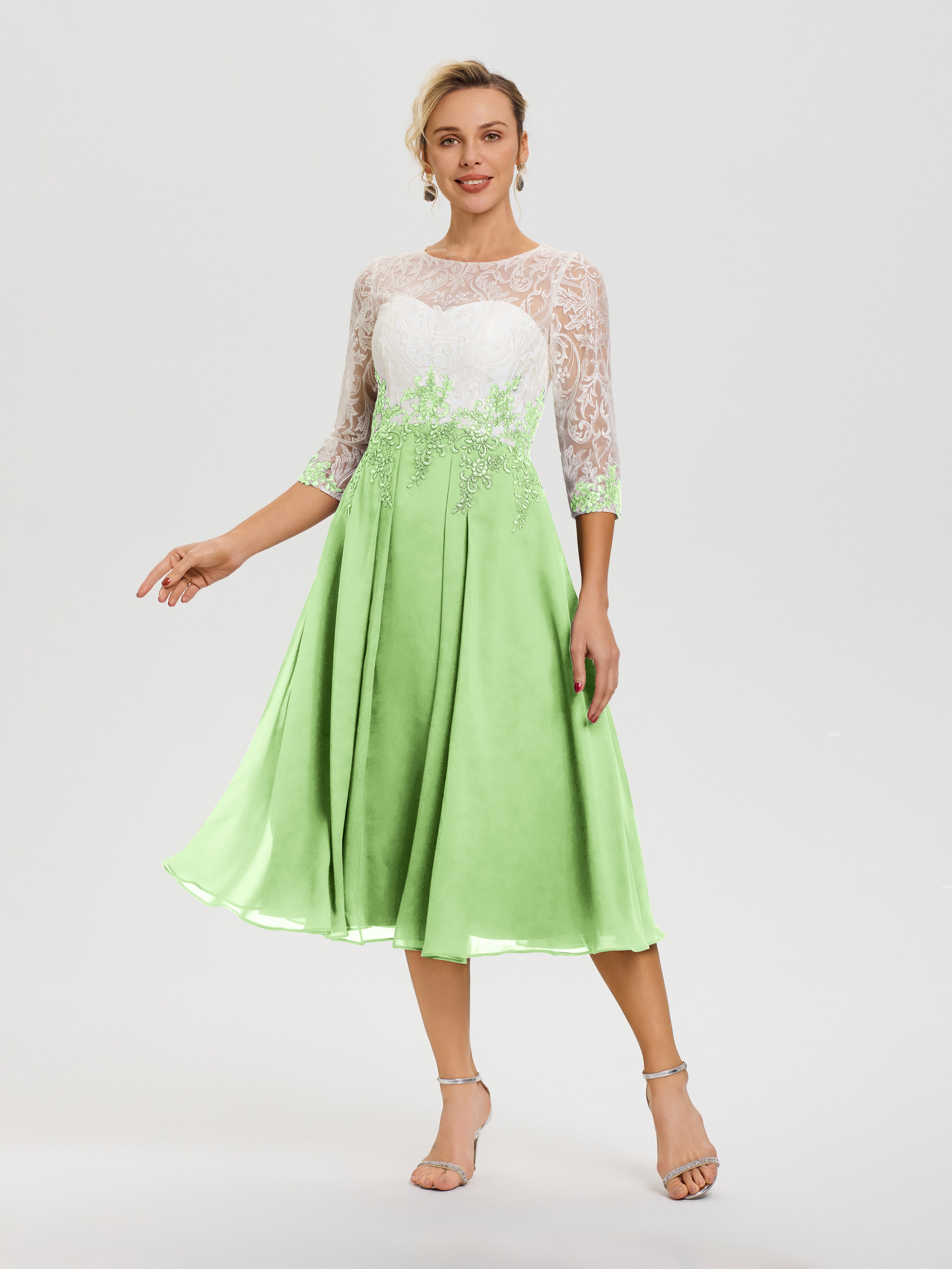 Robes De Mère De Mariée Sauge Col Rond Mousseline & Dentelle 3/4 Manches Robe Mère Mariée