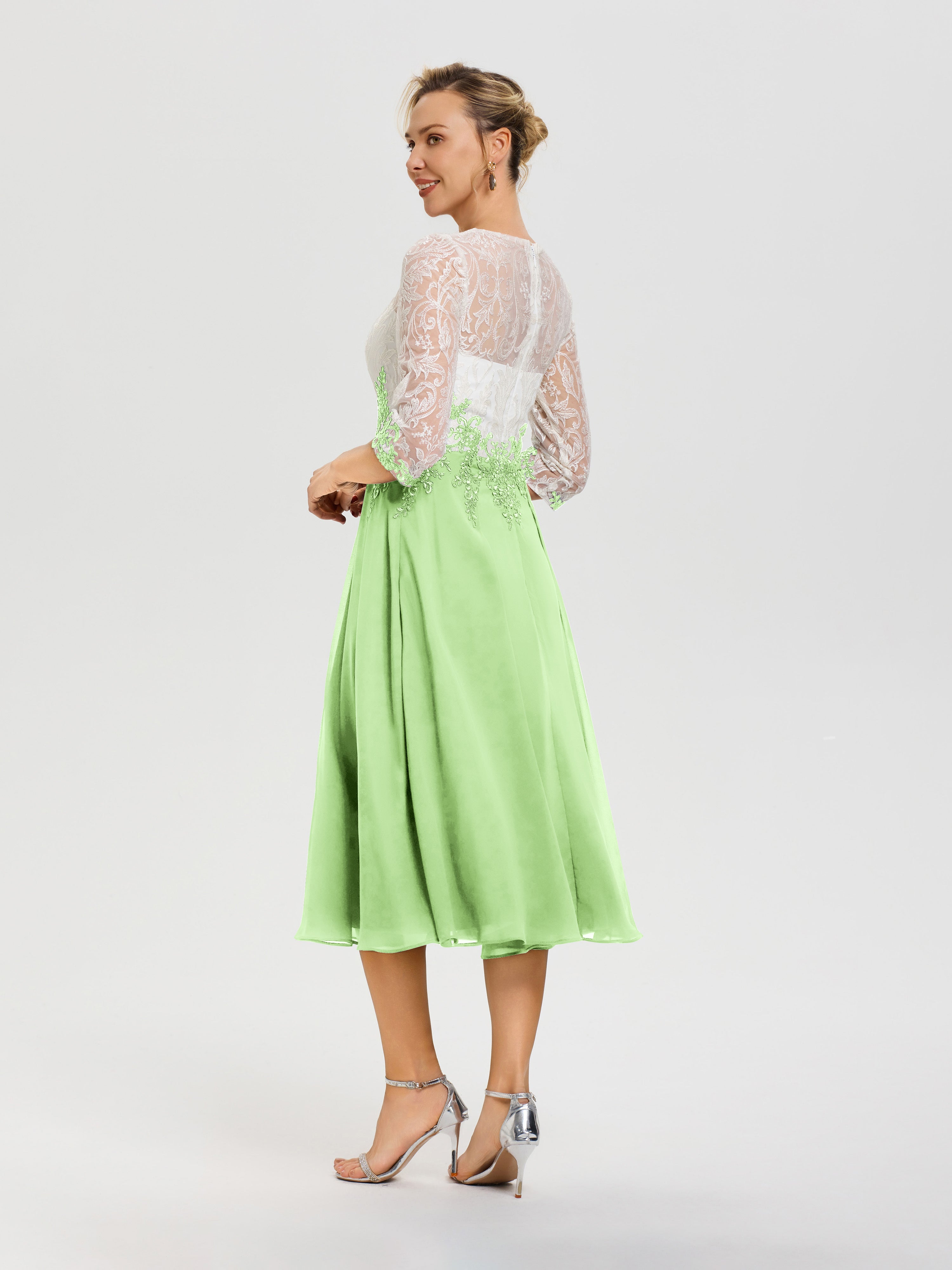 Robes De Mère De Mariée Sauge Col Rond Mousseline & Dentelle 3/4 Manches Robe Mère Mariée