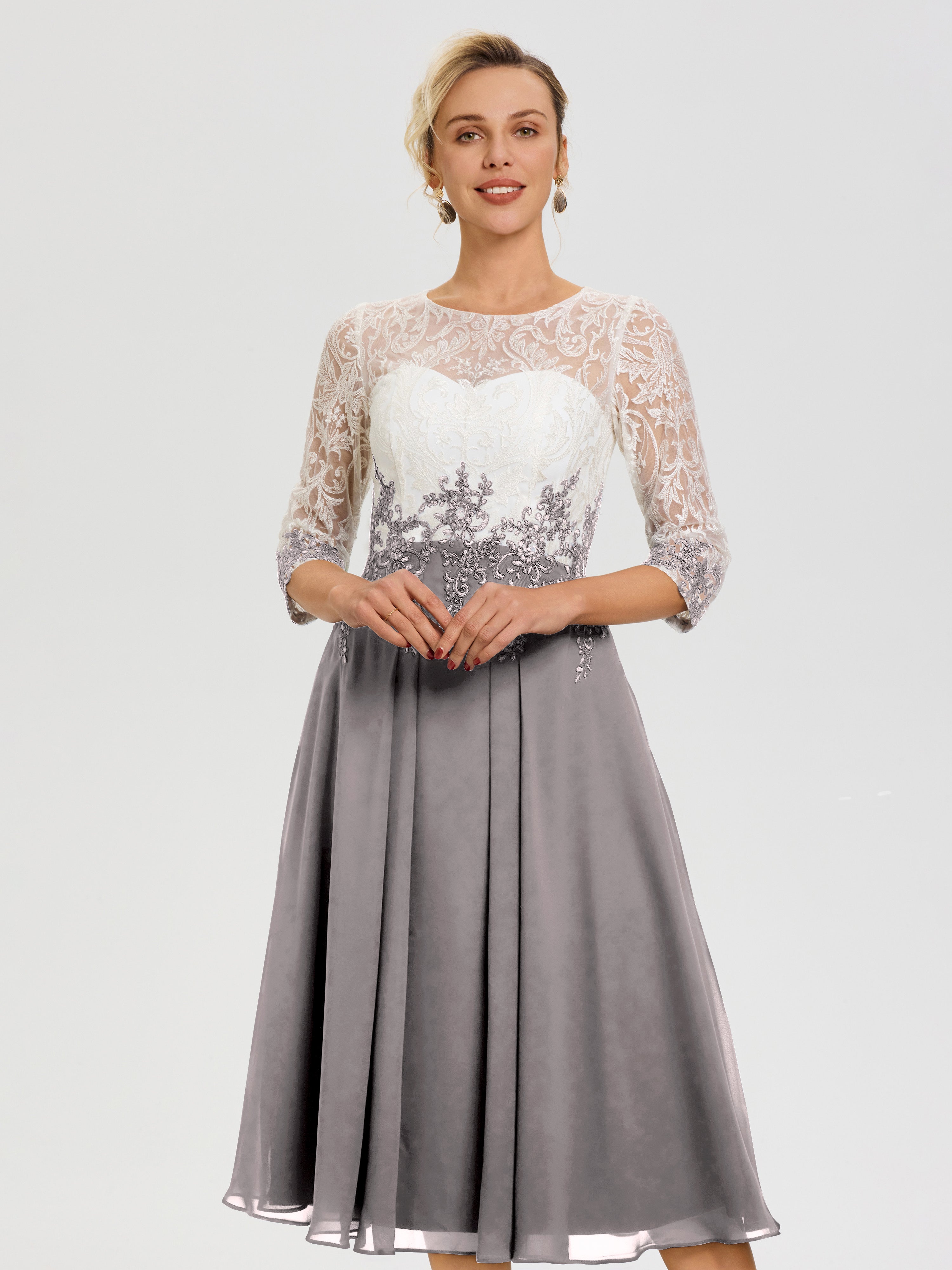 Robe Mère De Mariée Argent Col Rond Mousseline & Dentelle 3/4 Manches Robe Mère Mariée