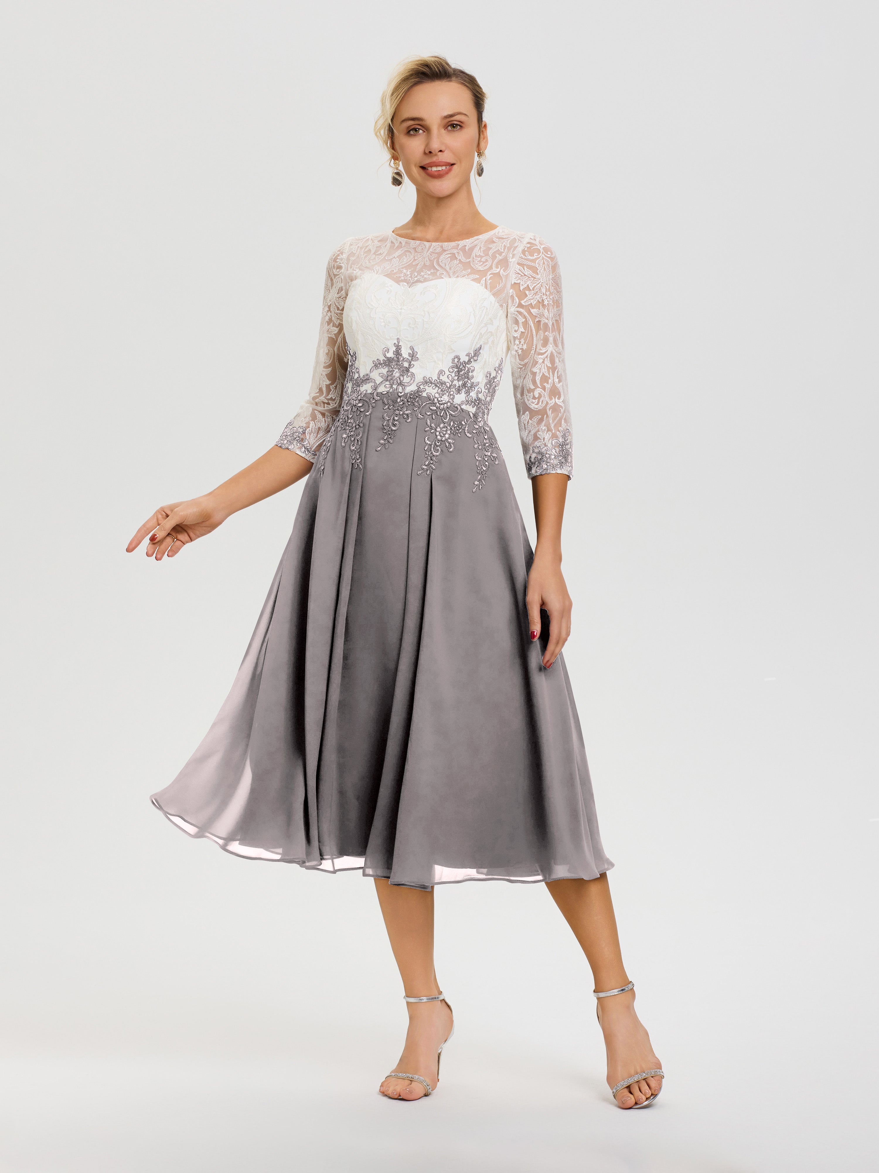 Robe Mère De Mariée Argent Col Rond Mousseline & Dentelle 3/4 Manches Robe Mère Mariée