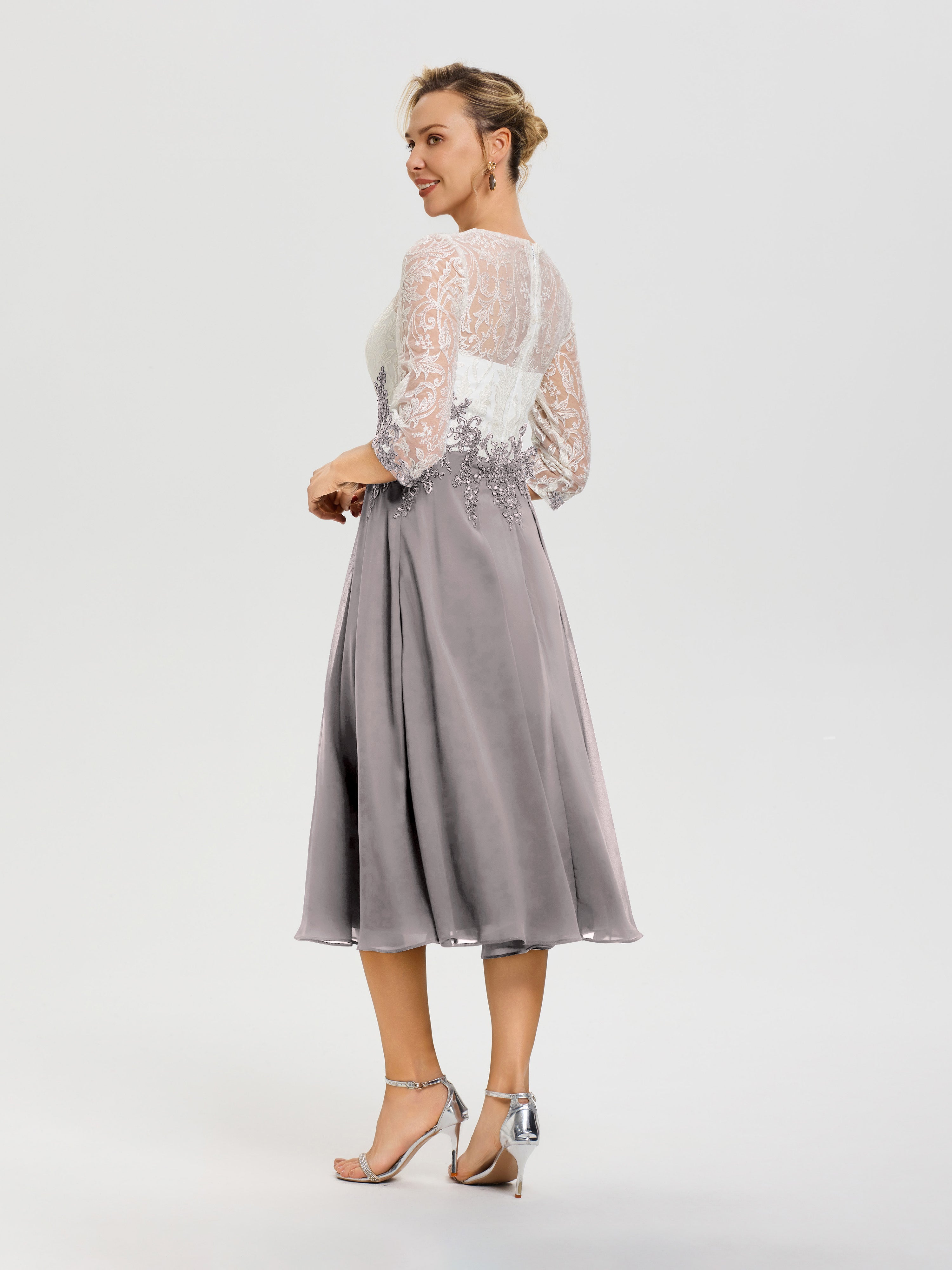 Robe Mère De Mariée Argent Col Rond Mousseline & Dentelle 3/4 Manches Robe Mère Mariée