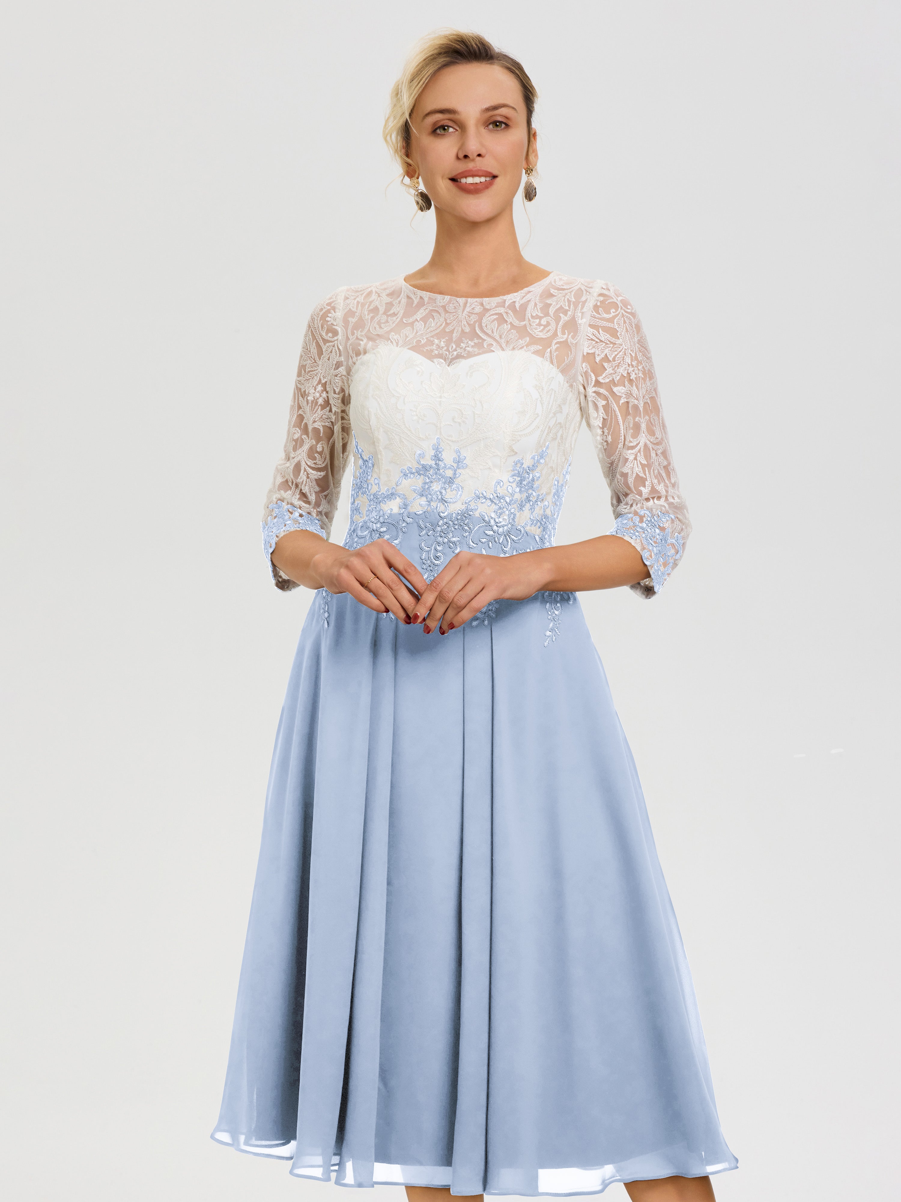 Robe Mère De Mariée Bleu Ciel Col Rond Mousseline & Dentelle 3/4 Manches Robe Mère Mariée