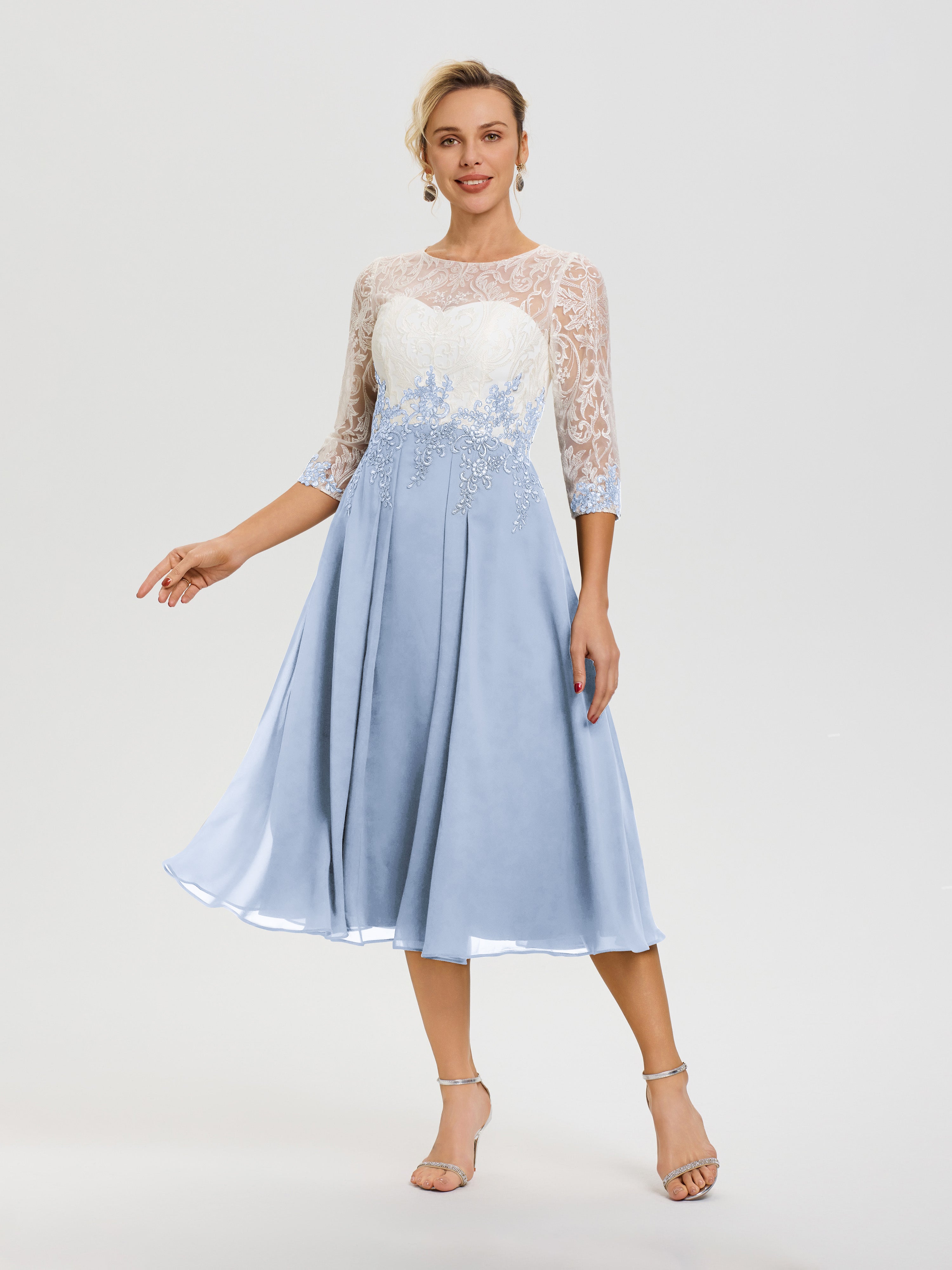 Robe Mère De Mariée Bleu Ciel Col Rond Mousseline & Dentelle 3/4 Manches Robe Mère Mariée
