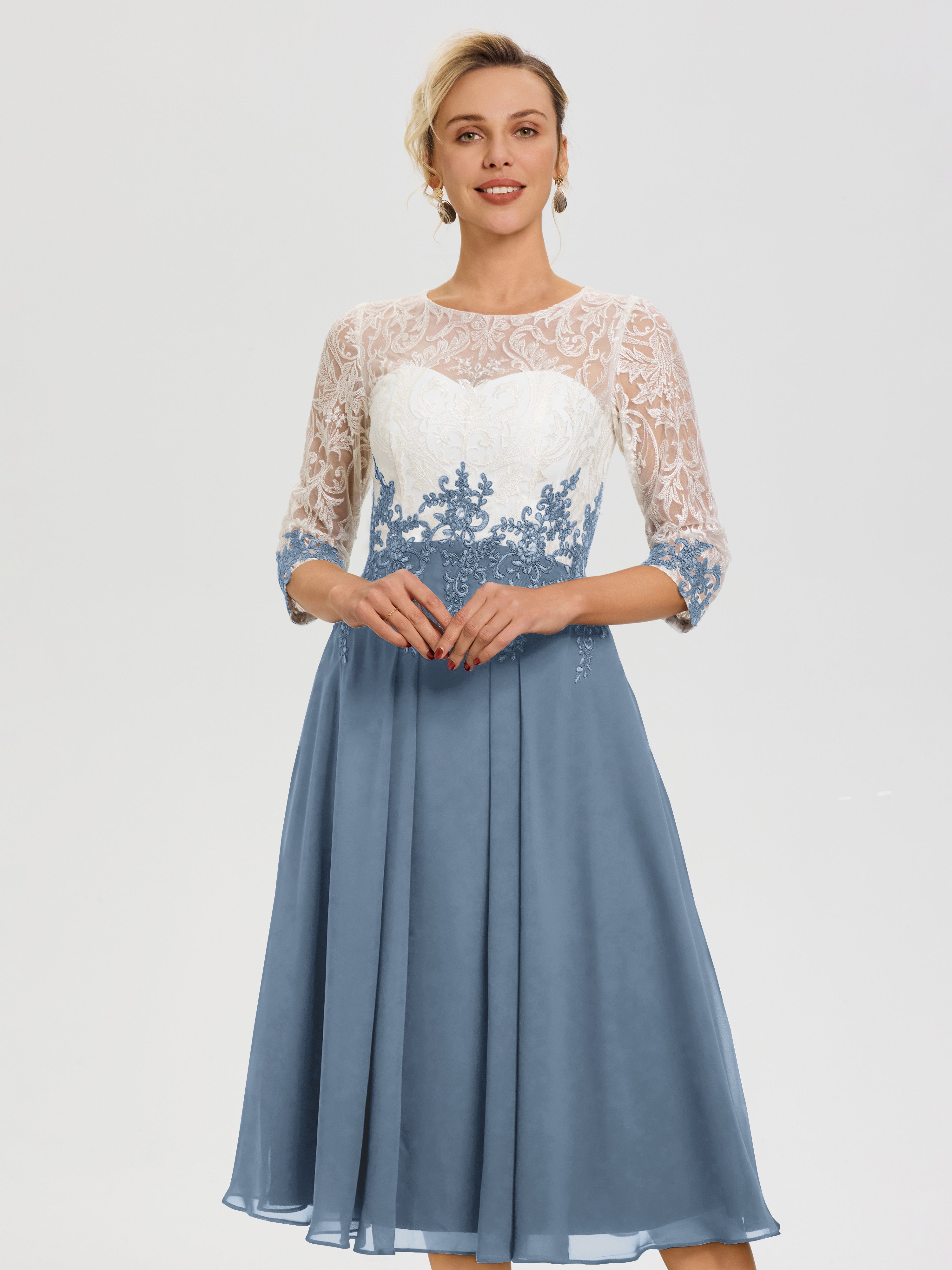 Robe De Mère De Mariée Moderne Bleu De Schiste Col-Rond-Mousseline-Dentelle-3-4-Manches-Robe-Mere-Mariee
