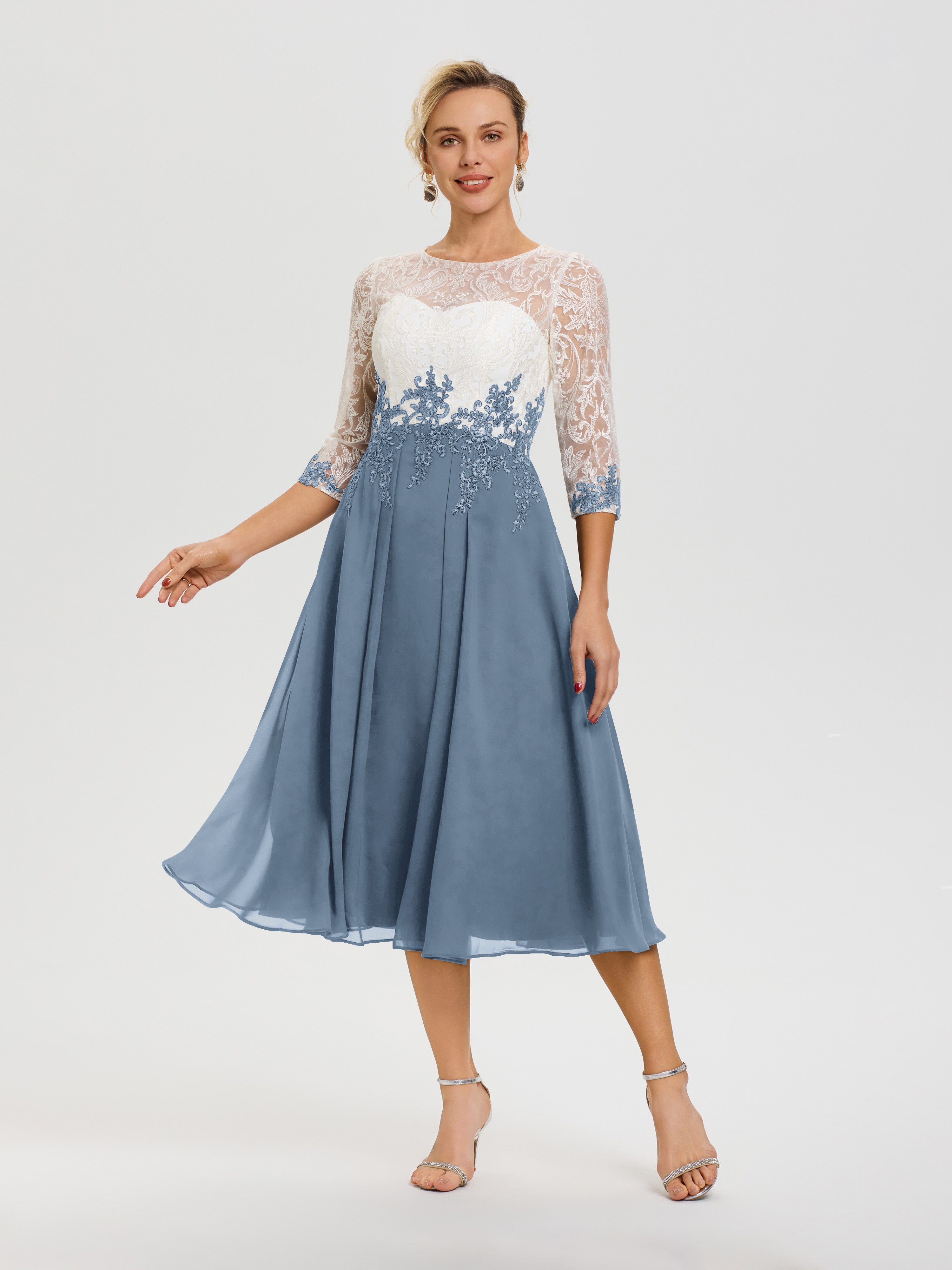 Robe De Mère De Mariée Moderne Bleu De Schiste Col-Rond-Mousseline-Dentelle-3-4-Manches-Robe-Mere-Mariee