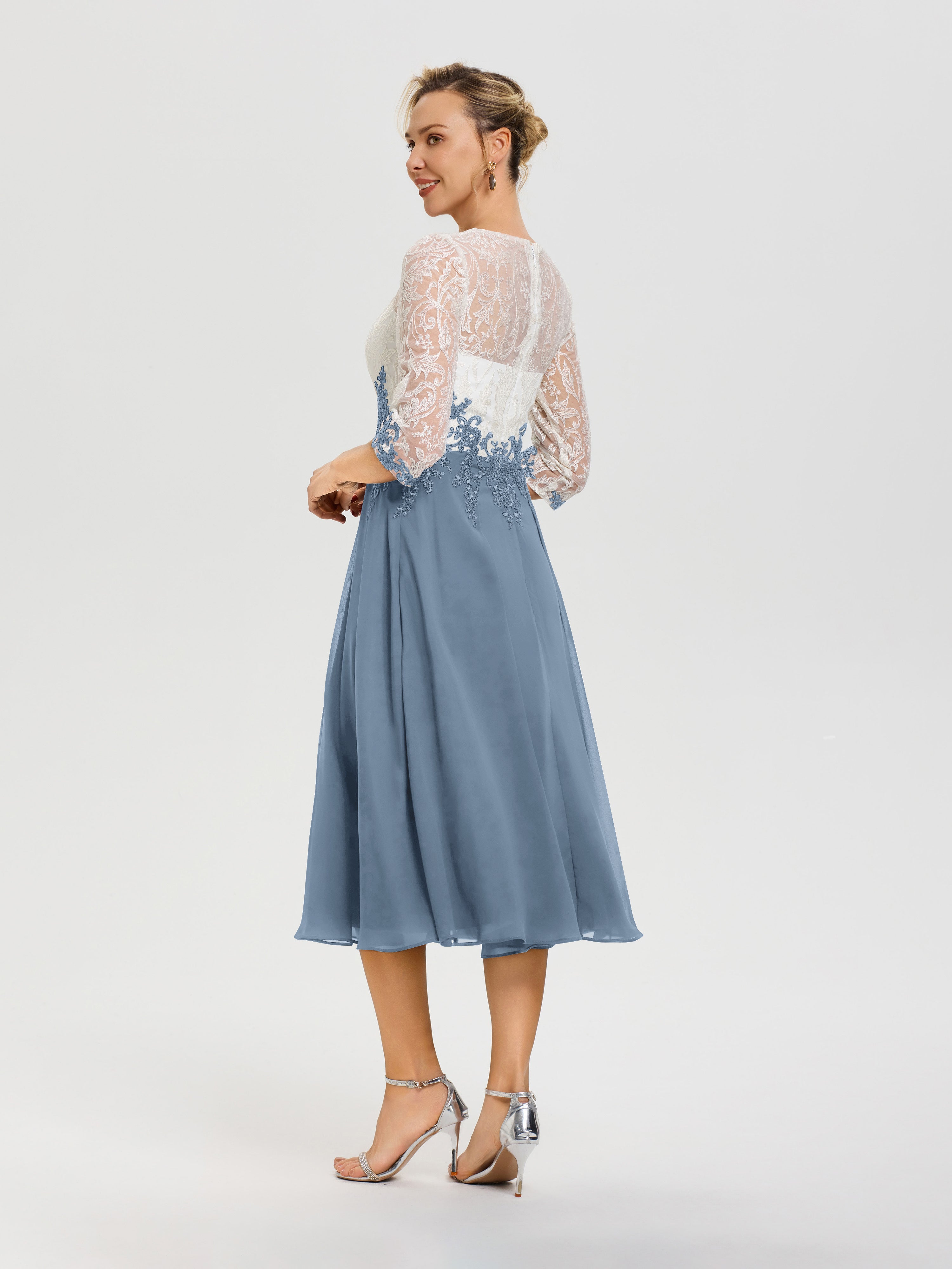 Robe De Mère De Mariée Moderne Bleu De Schiste Col-Rond-Mousseline-Dentelle-3-4-Manches-Robe-Mere-Mariee