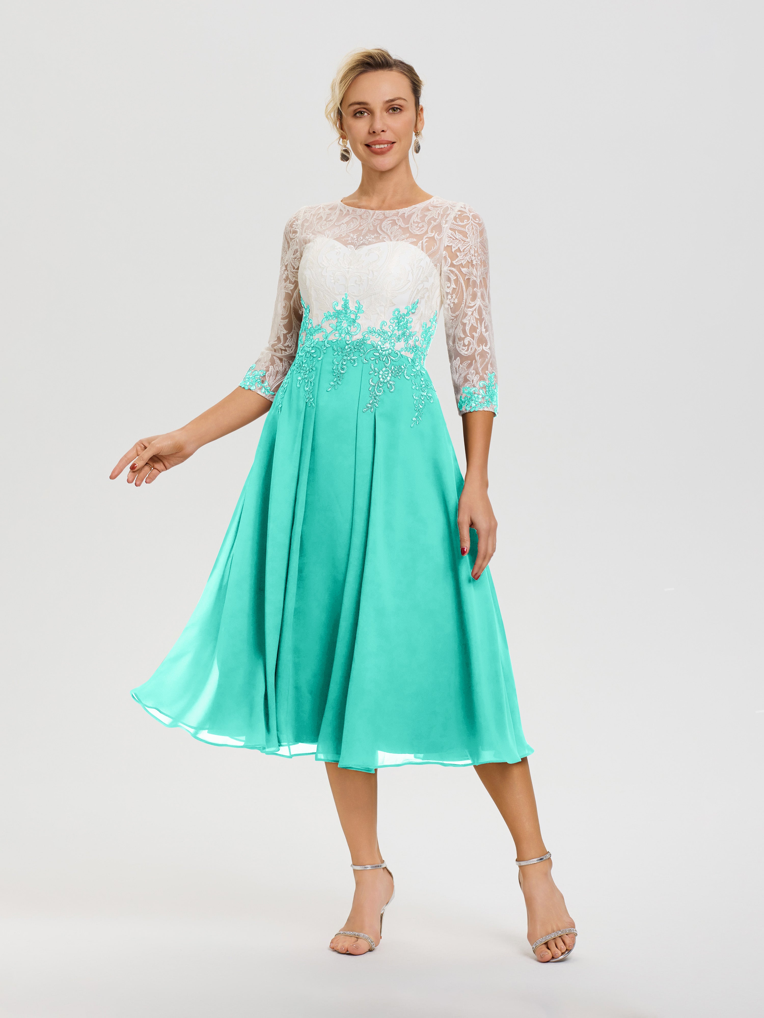 Robes De Mère De Mariée Spa Col Rond Mousseline & Dentelle 3/4 Manches Robe Mère Mariée
