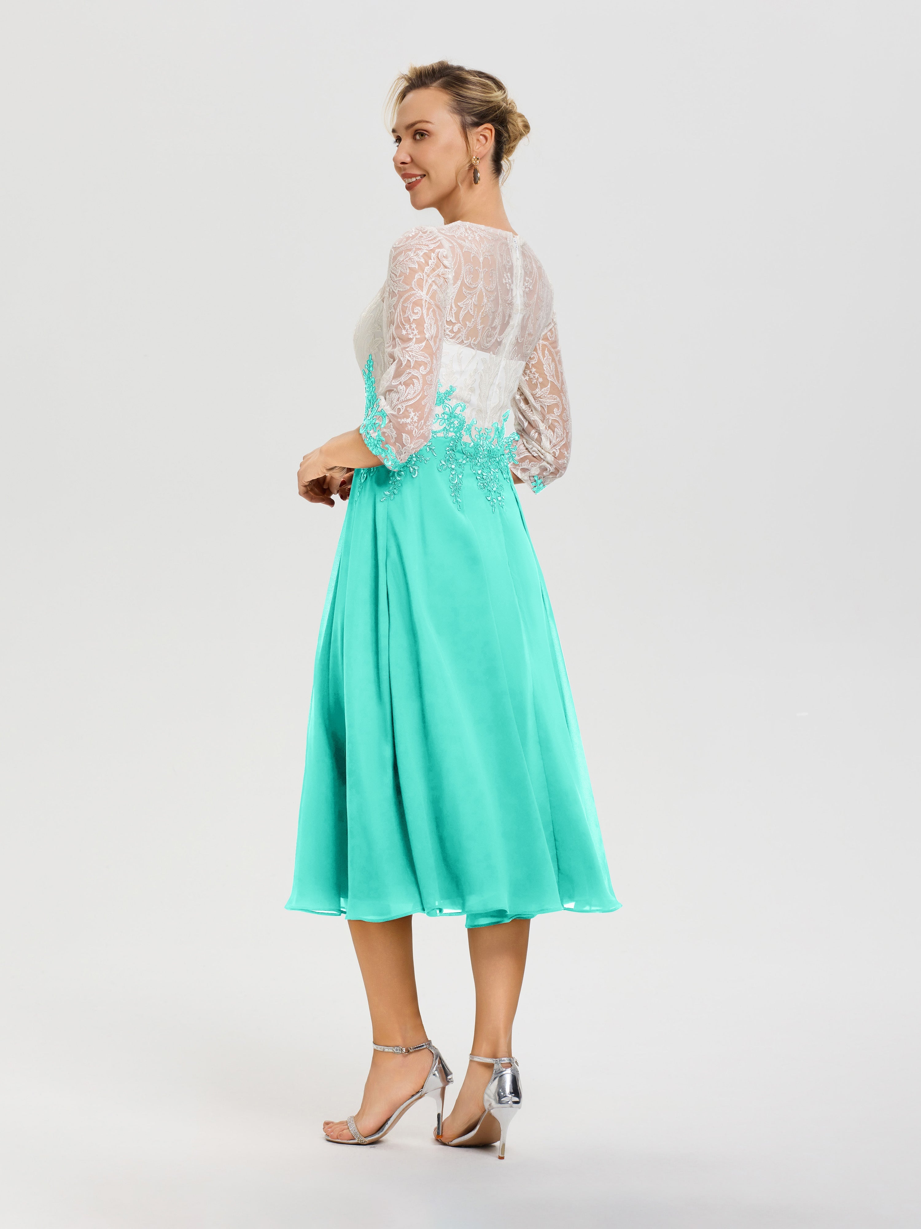 Robes De Mère De Mariée Spa Col Rond Mousseline & Dentelle 3/4 Manches Robe Mère Mariée