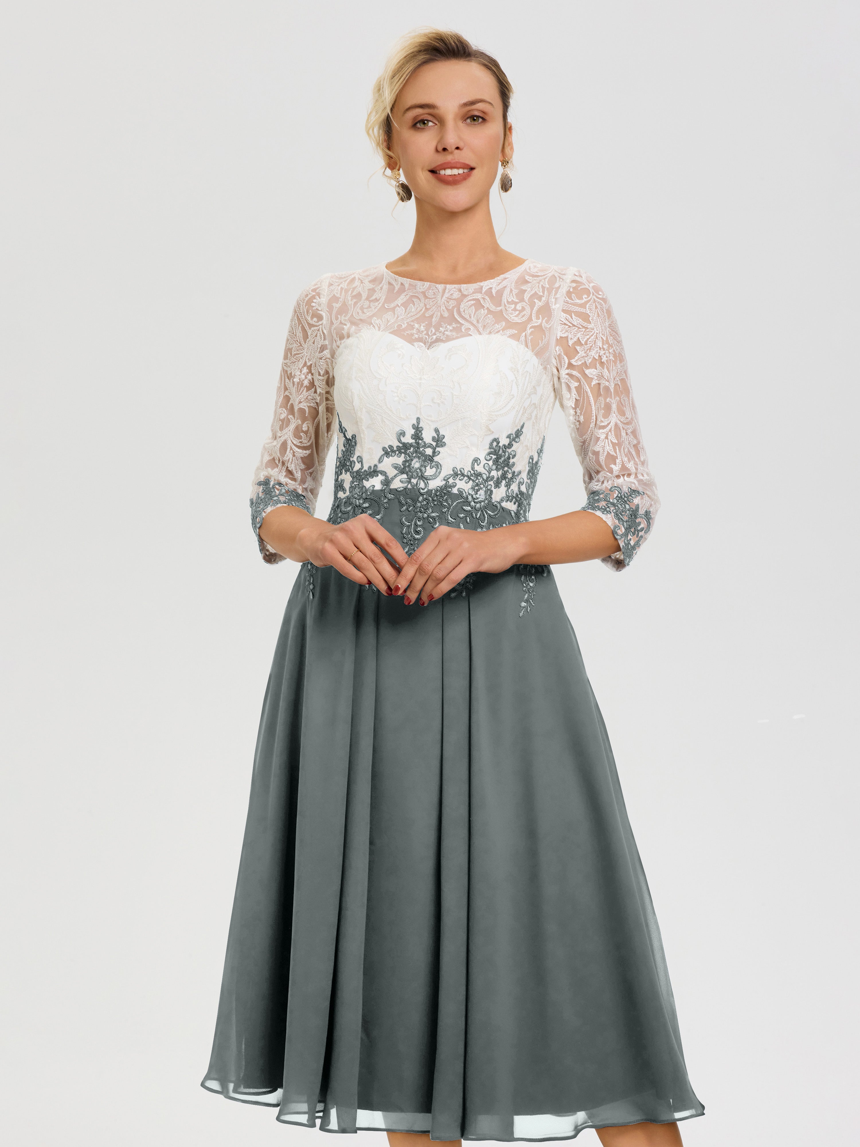 Robe De Mère De Mariée Moderne Gris Acier Col Rond Mousseline & Dentelle 3/4 Manches Robe Mère Mariée
