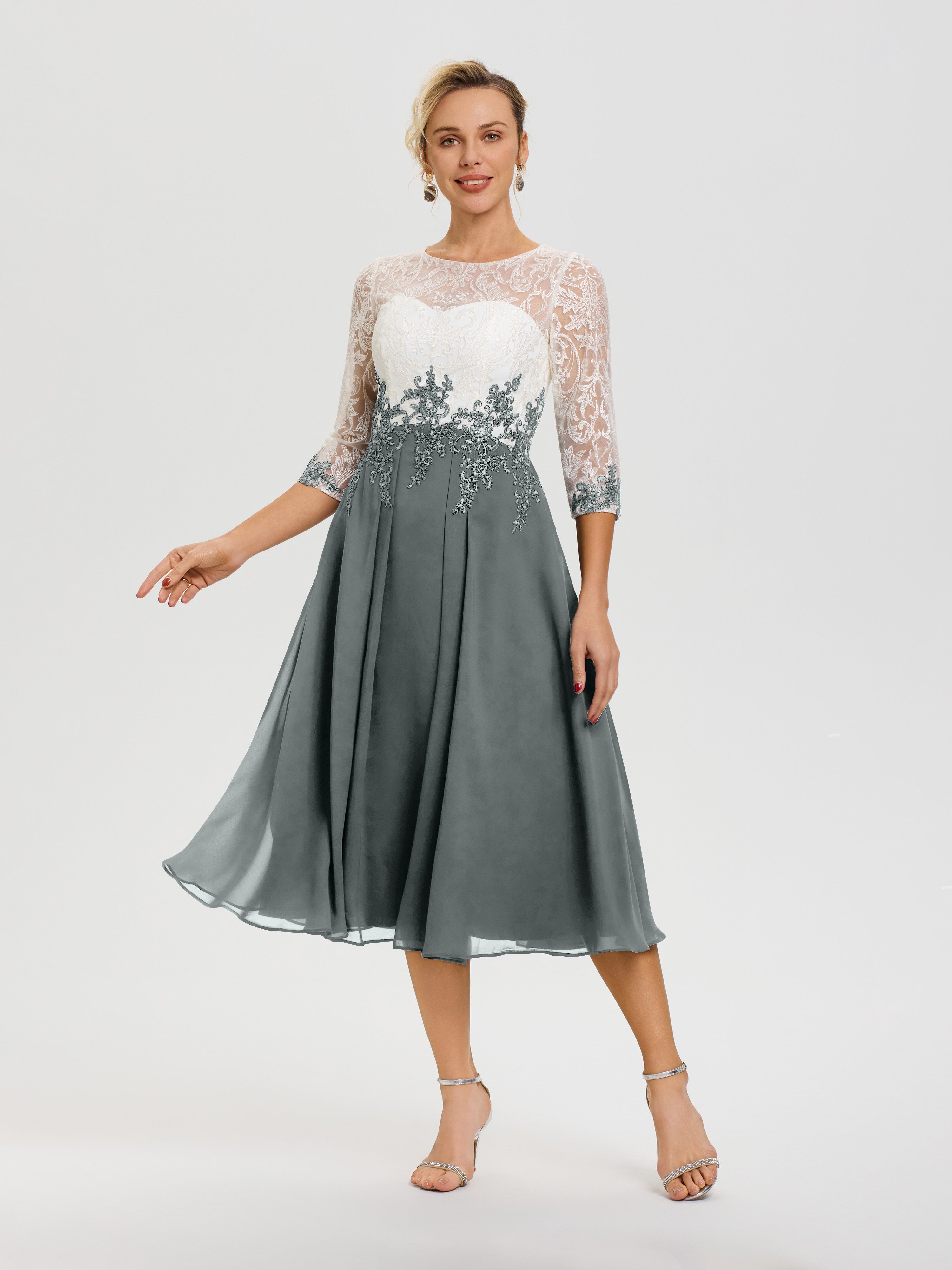 Robe De Mère De Mariée Moderne Gris Acier Col Rond Mousseline & Dentelle 3/4 Manches Robe Mère Mariée
