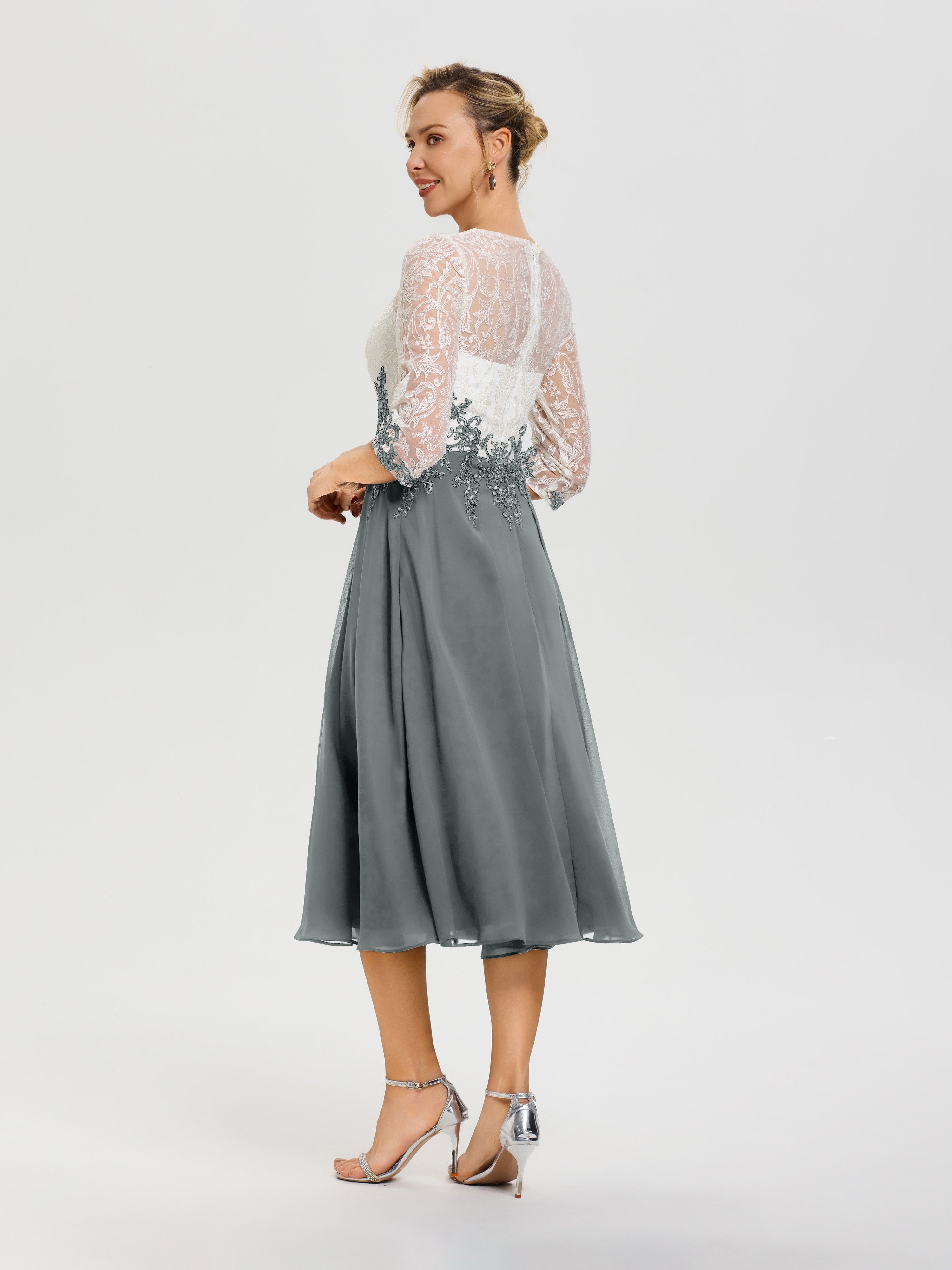 Robe De Mère De Mariée Moderne Gris Acier Col Rond Mousseline & Dentelle 3/4 Manches Robe Mère Mariée
