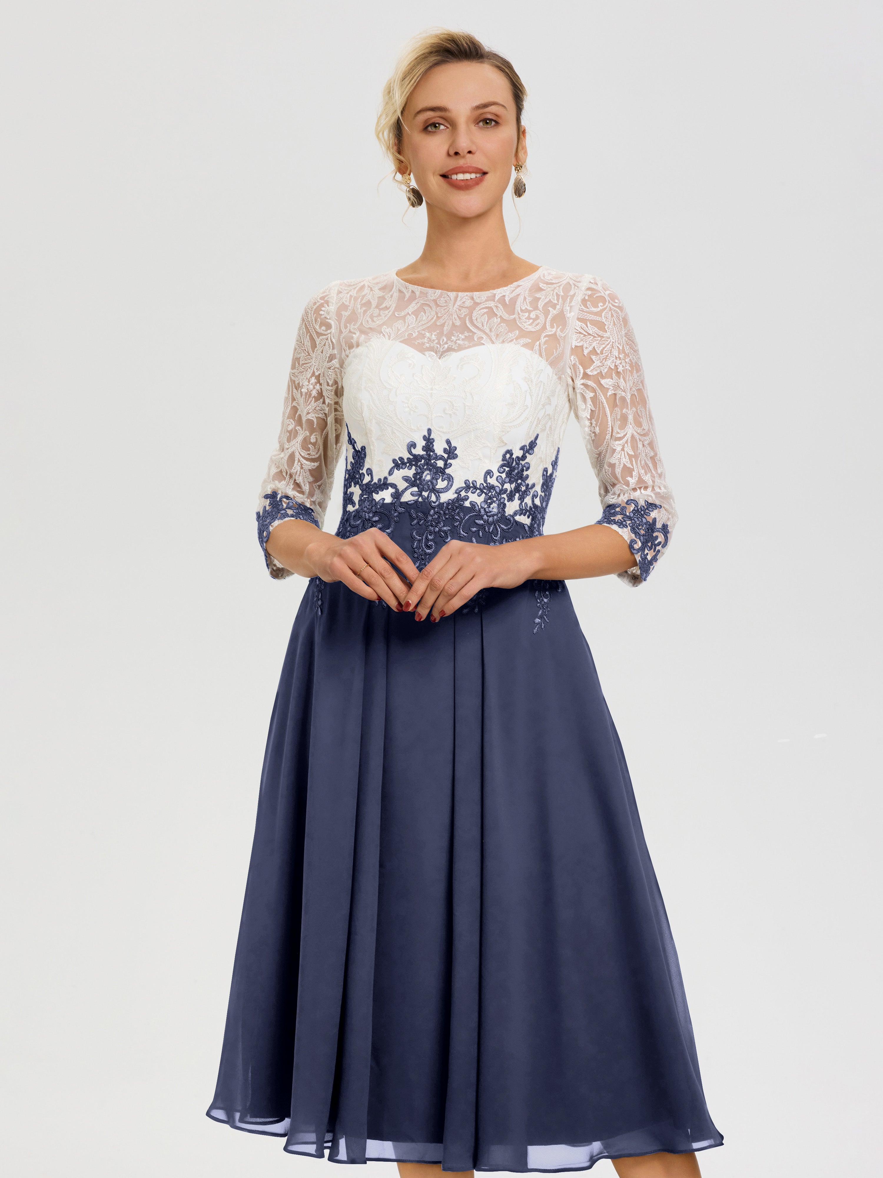 Robe De Mère De Mariée Moderne Orageux Col Rond Mousseline & Dentelle 3/4 Manches Robe Mère Mariée
