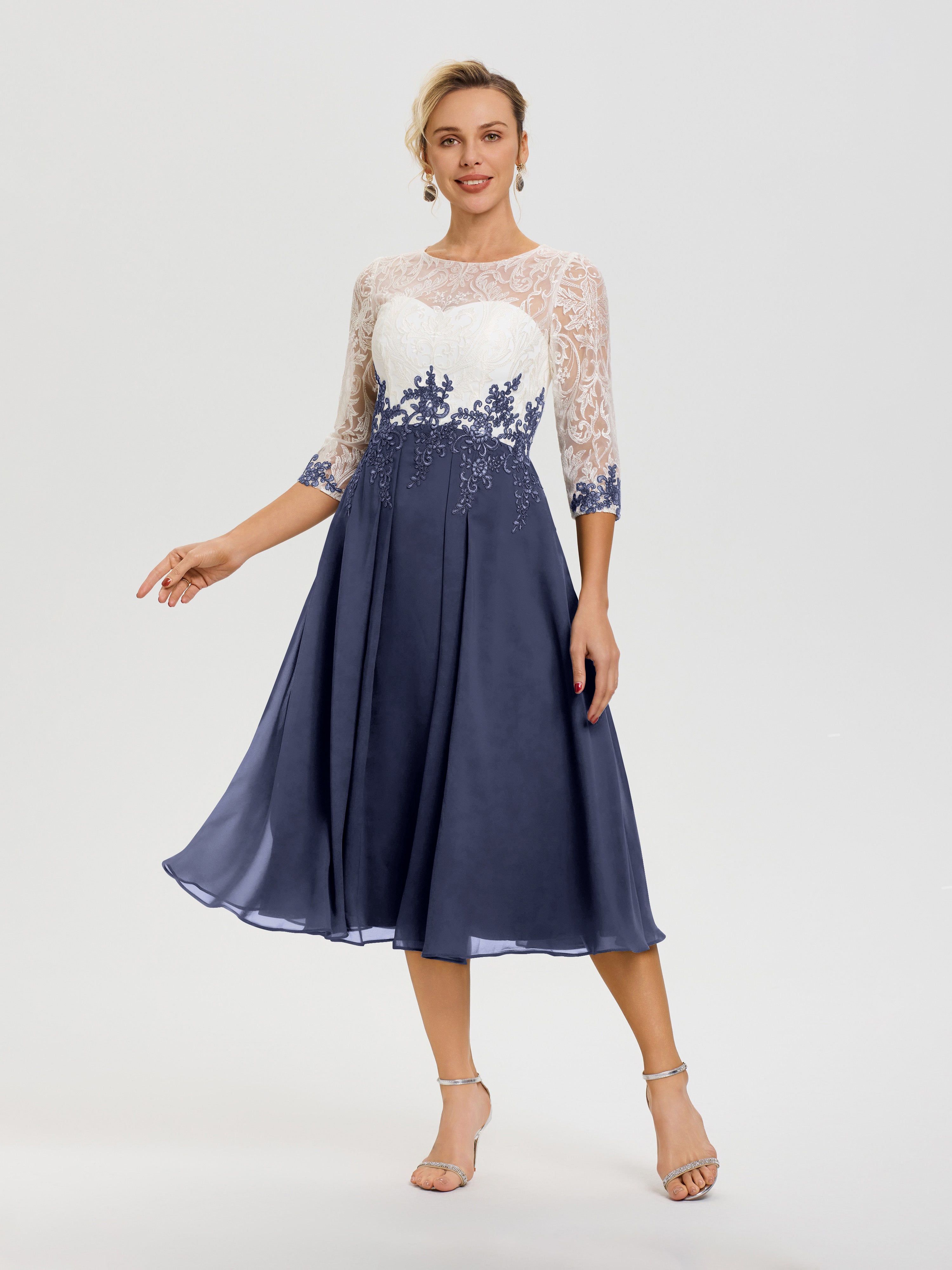 Robe De Mère De Mariée Moderne Orageux Col Rond Mousseline & Dentelle 3/4 Manches Robe Mère Mariée