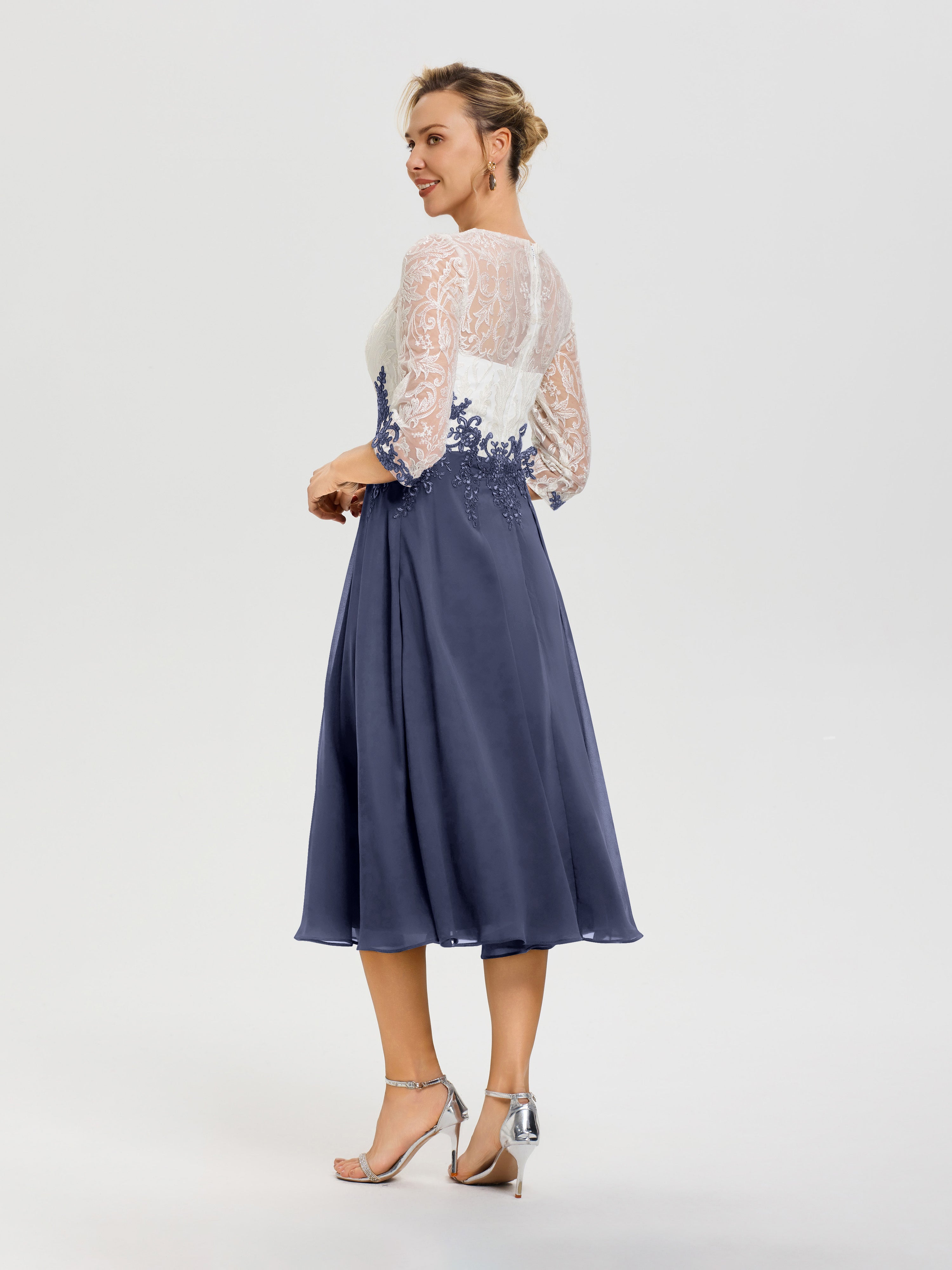 Robe De Mère De Mariée Moderne Orageux Col Rond Mousseline & Dentelle 3/4 Manches Robe Mère Mariée