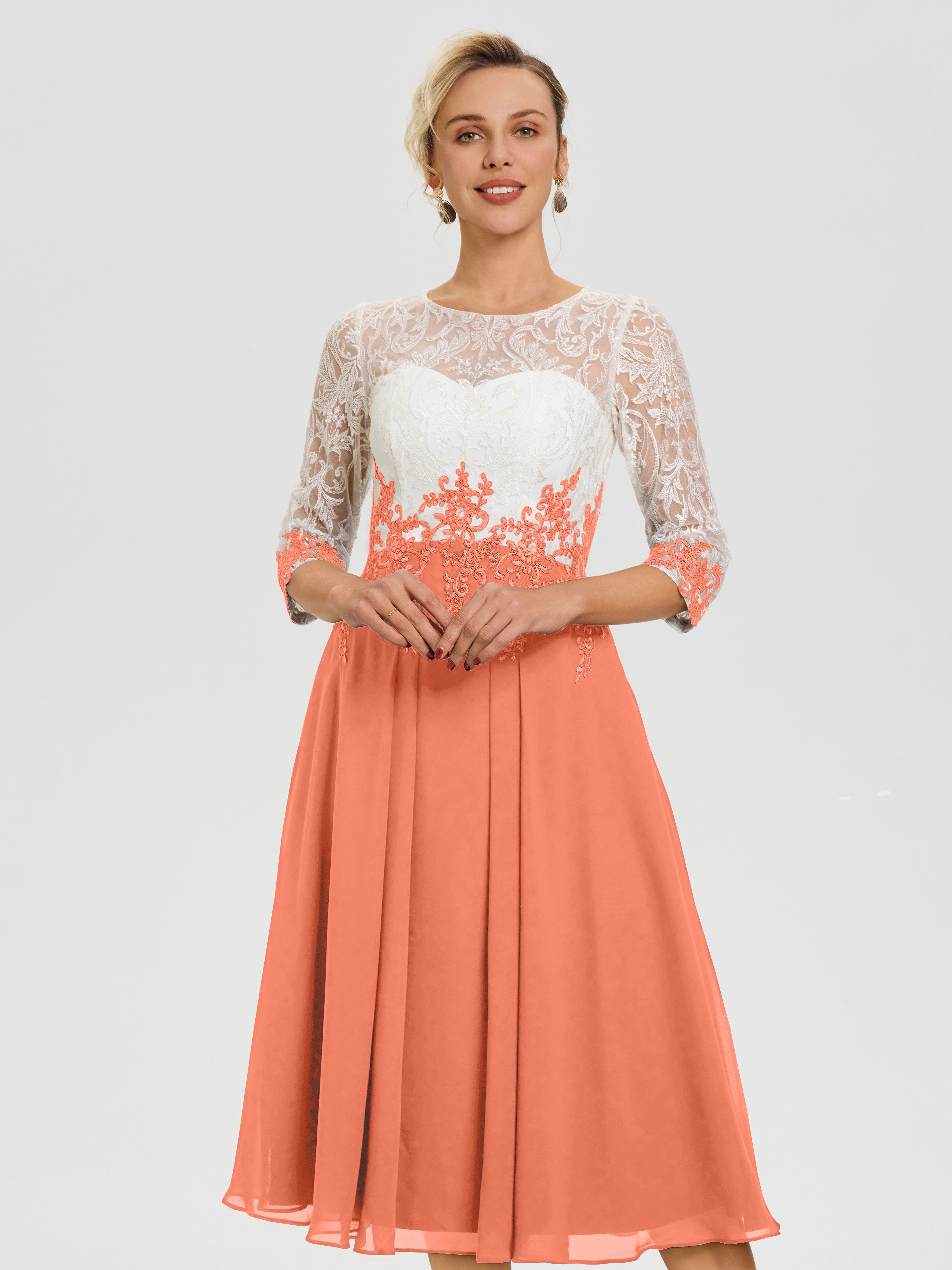 Robe De Mère De Mariée Moderne Coucher De Soleil Col Rond Mousseline & Dentelle 3/4 Manches Robe Mère Mariée