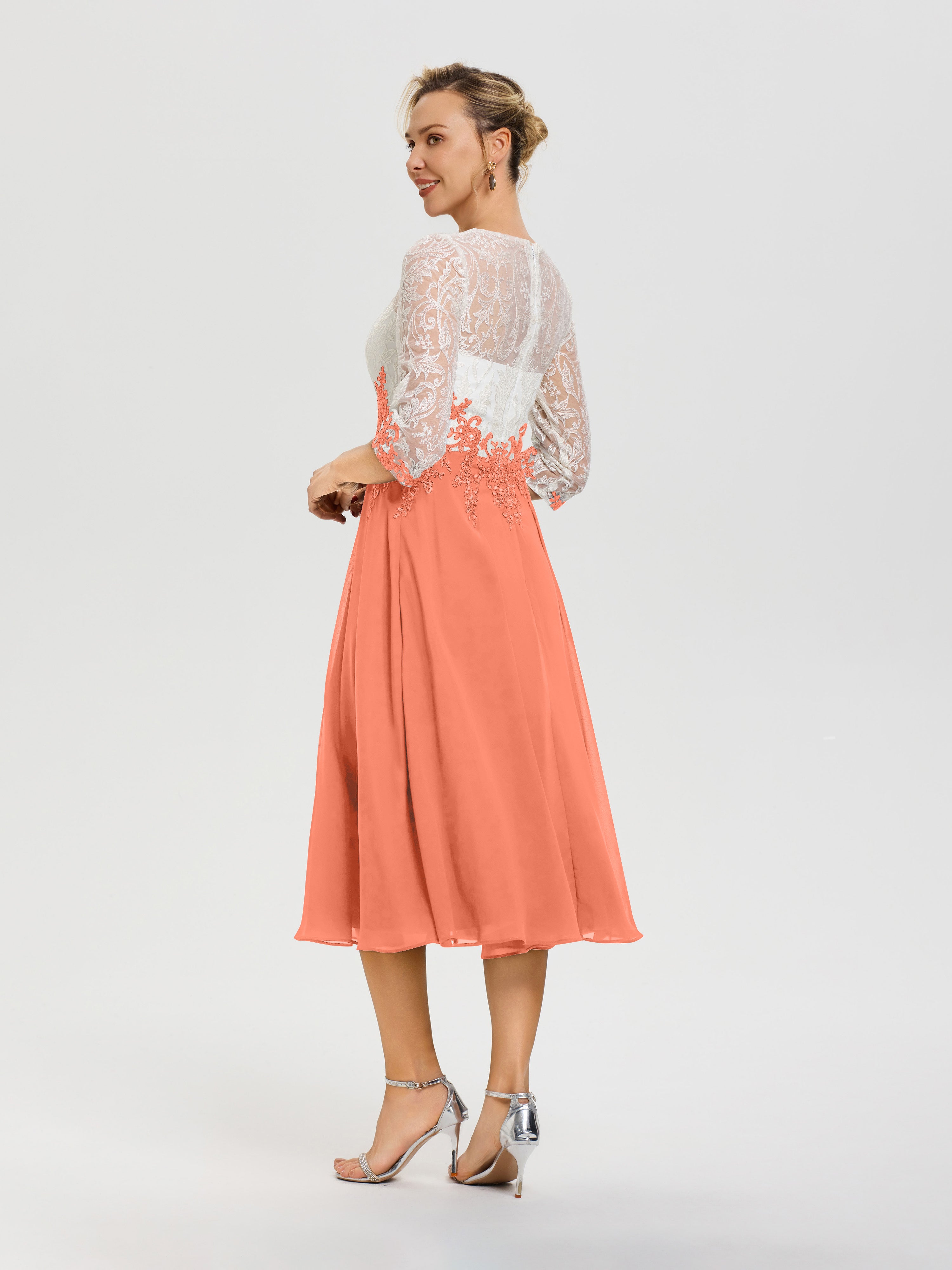 Robe De Mère De Mariée Moderne Coucher De Soleil Col Rond Mousseline & Dentelle 3/4 Manches Robe Mère Mariée