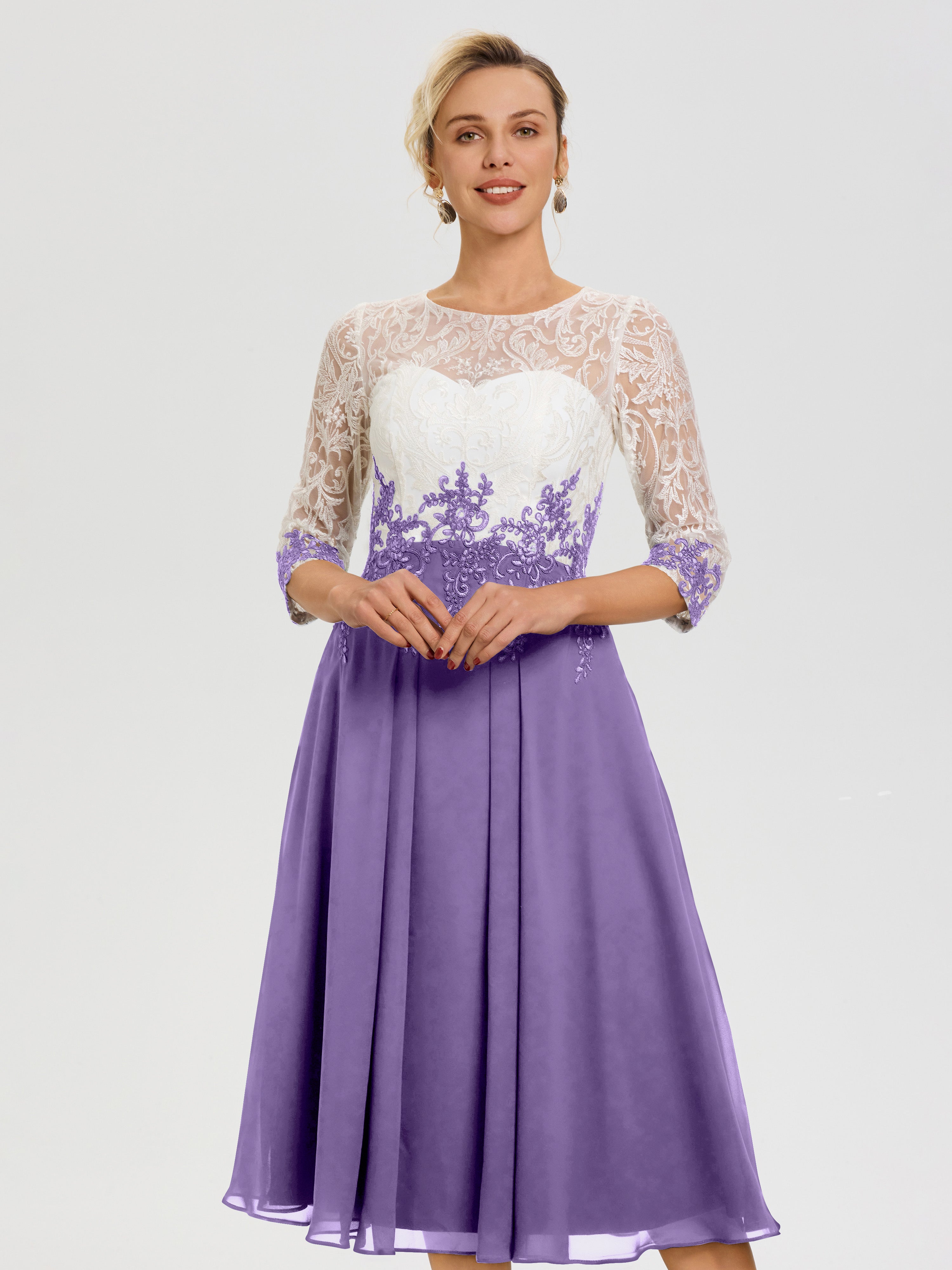 Robe Mère Mariée Moderne Tahiti Col Rond Mousseline & Dentelle 3/4 Manches Robe Mère Mariée