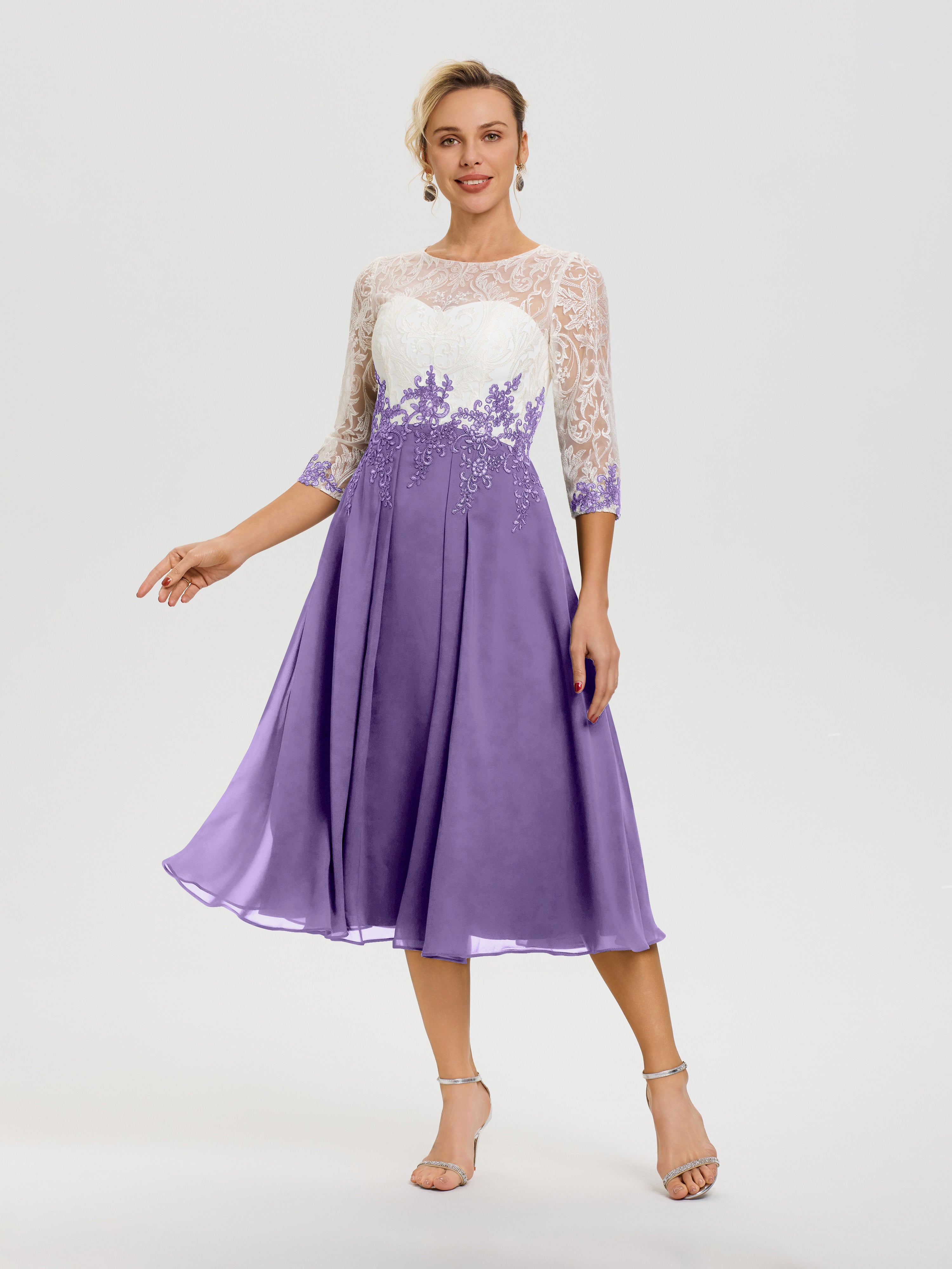 Robe Mère Mariée Moderne Tahiti Col Rond Mousseline & Dentelle 3/4 Manches Robe Mère Mariée