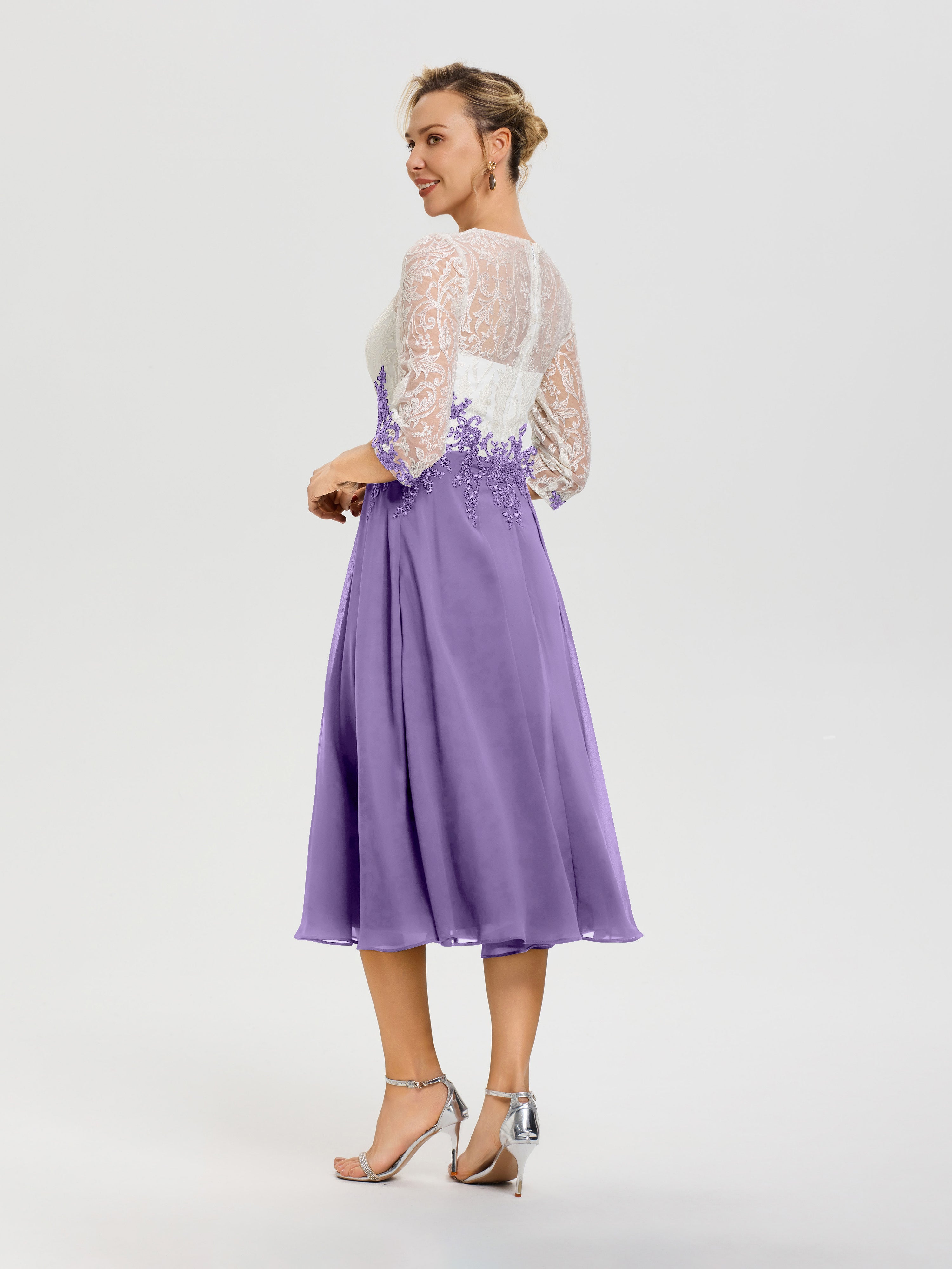 Robe Mère Mariée Moderne Tahiti Col Rond Mousseline & Dentelle 3/4 Manches Robe Mère Mariée
