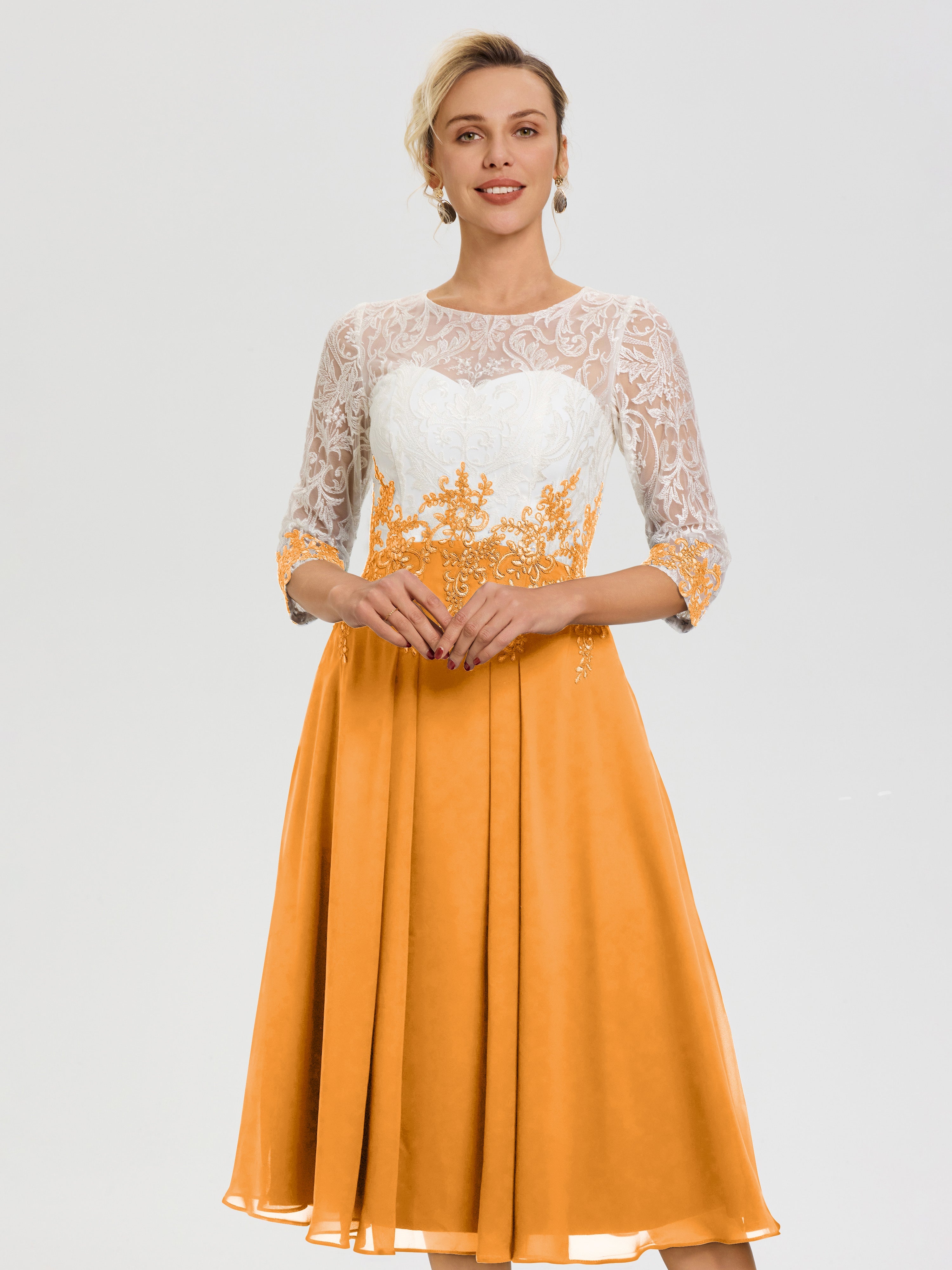 Robe De Mère De Mariée Moderne Mandarine Col Rond Mousseline & Dentelle 3/4 Manches Robe Mère Mariée