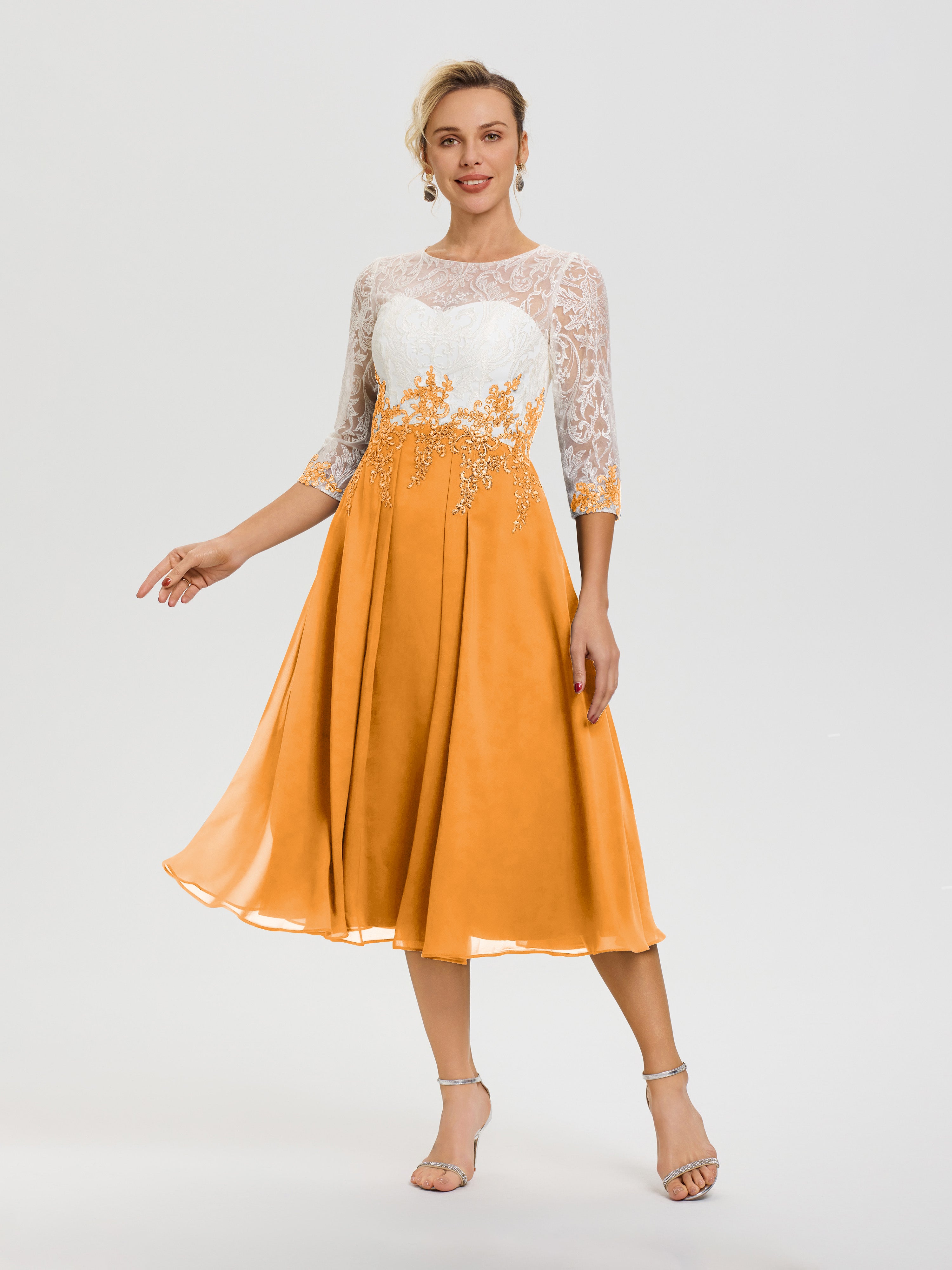 Robe De Mère De Mariée Moderne Mandarine Col Rond Mousseline & Dentelle 3/4 Manches Robe Mère Mariée