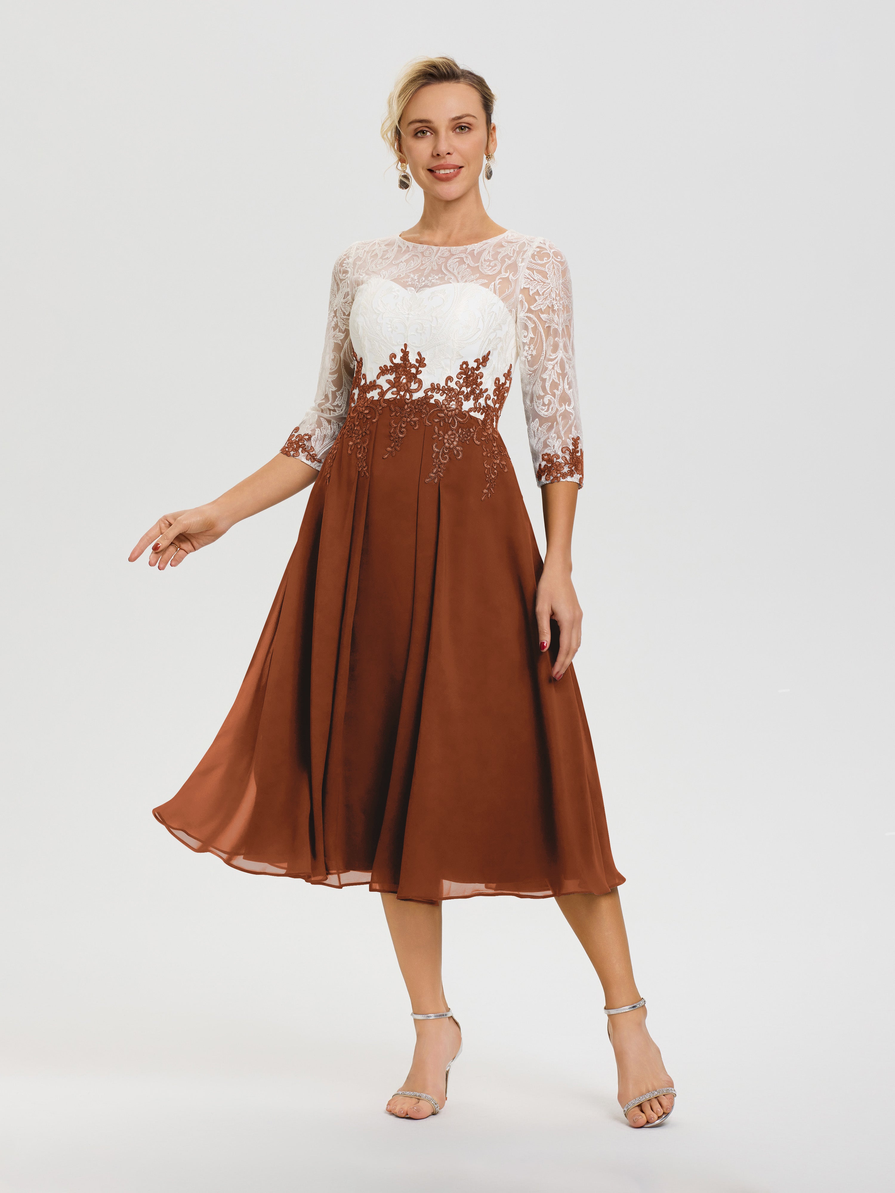 Robe Mere De La Mariee Terracotta Col Rond Mousseline & Dentelle 3/4 Manches Robe Mère Mariée