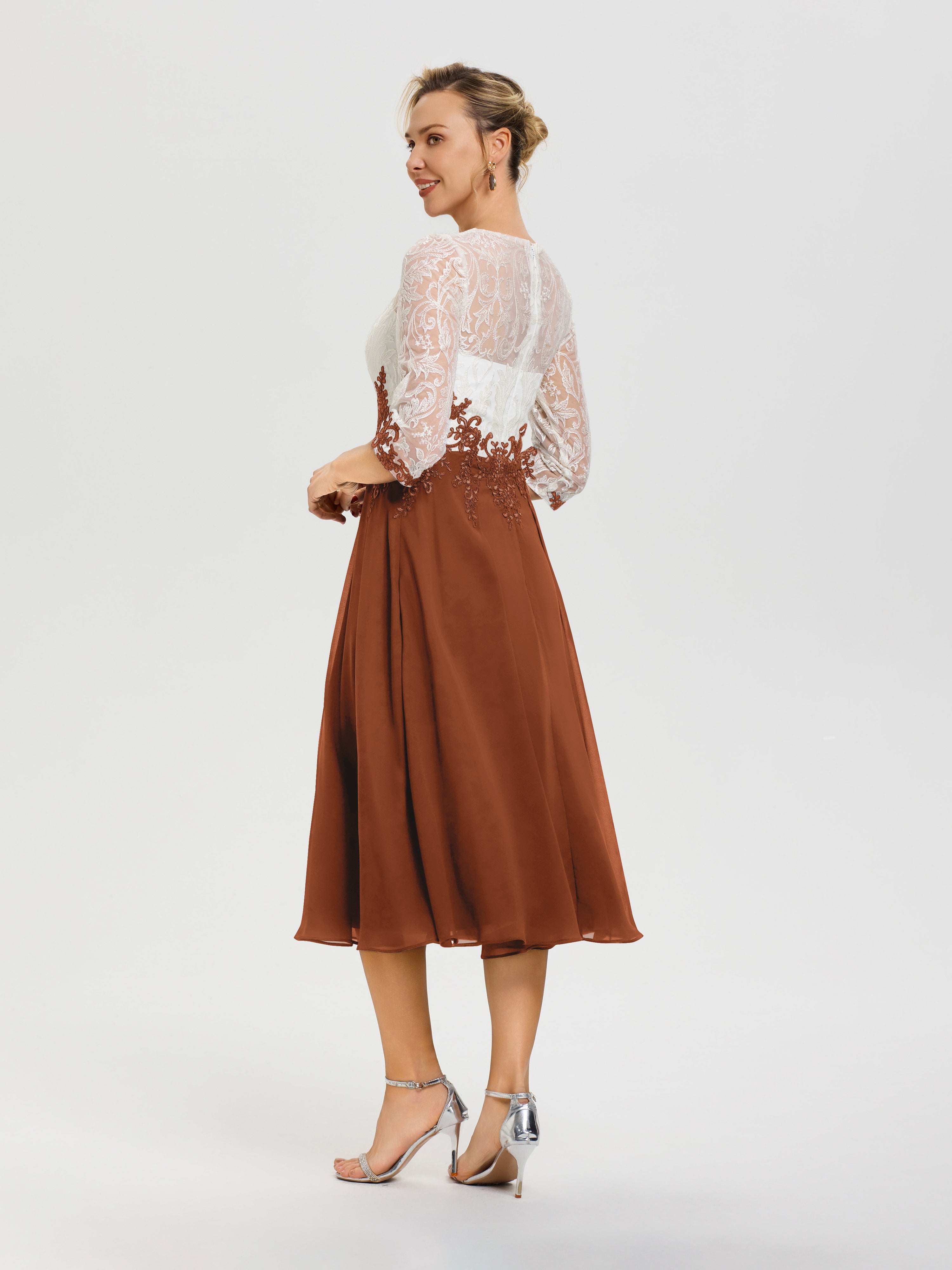 Robe Mere De La Mariee Terracotta Col Rond Mousseline & Dentelle 3/4 Manches Robe Mère Mariée