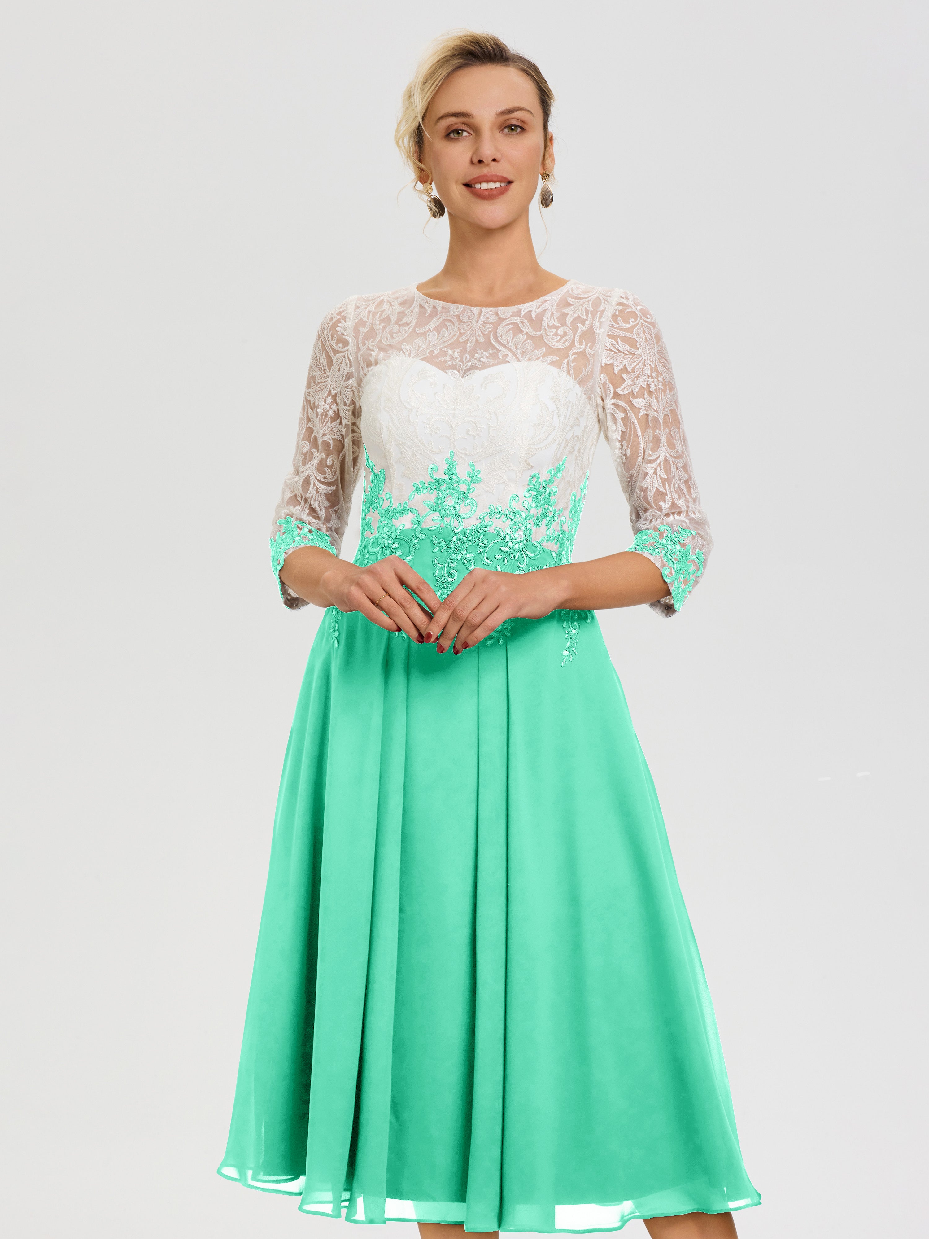 Robe Mère Mariée Moderne Turquoise Col Rond Mousseline & Dentelle 3/4 Manches Robe Mère Mariée