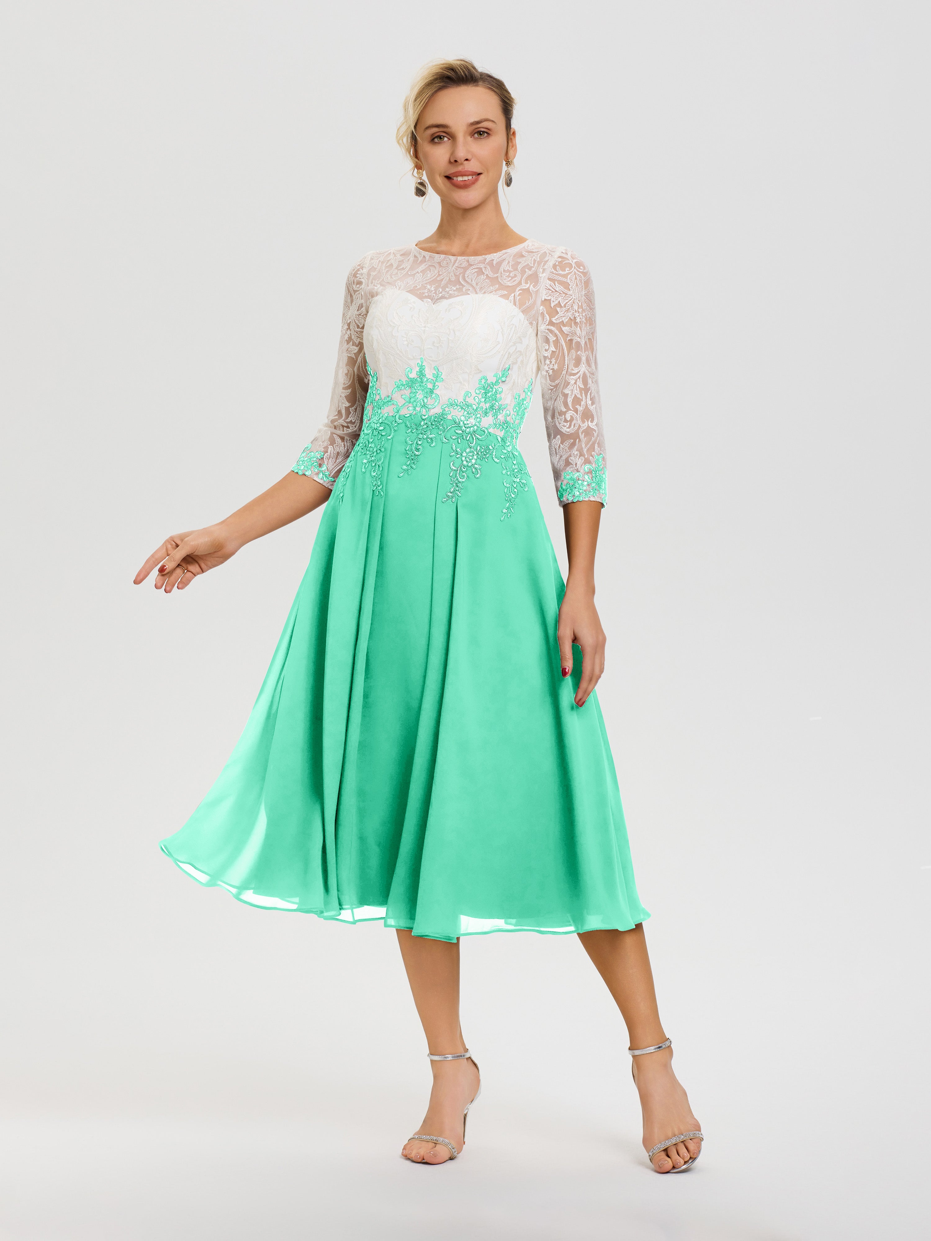 Robe Mère Mariée Moderne Turquoise Col Rond Mousseline & Dentelle 3/4 Manches Robe Mère Mariée