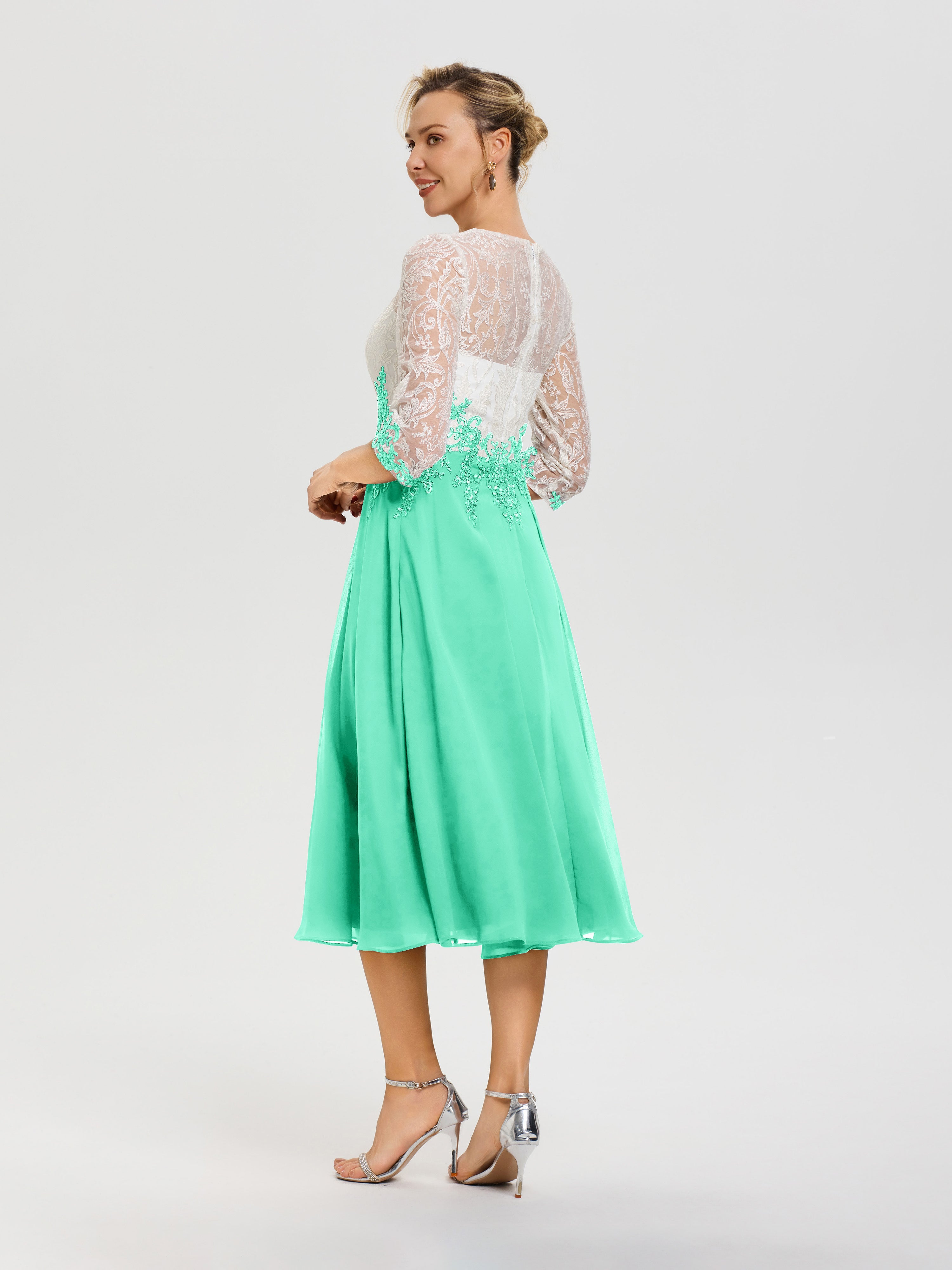 Robe Mère Mariée Moderne Turquoise Col Rond Mousseline & Dentelle 3/4 Manches Robe Mère Mariée