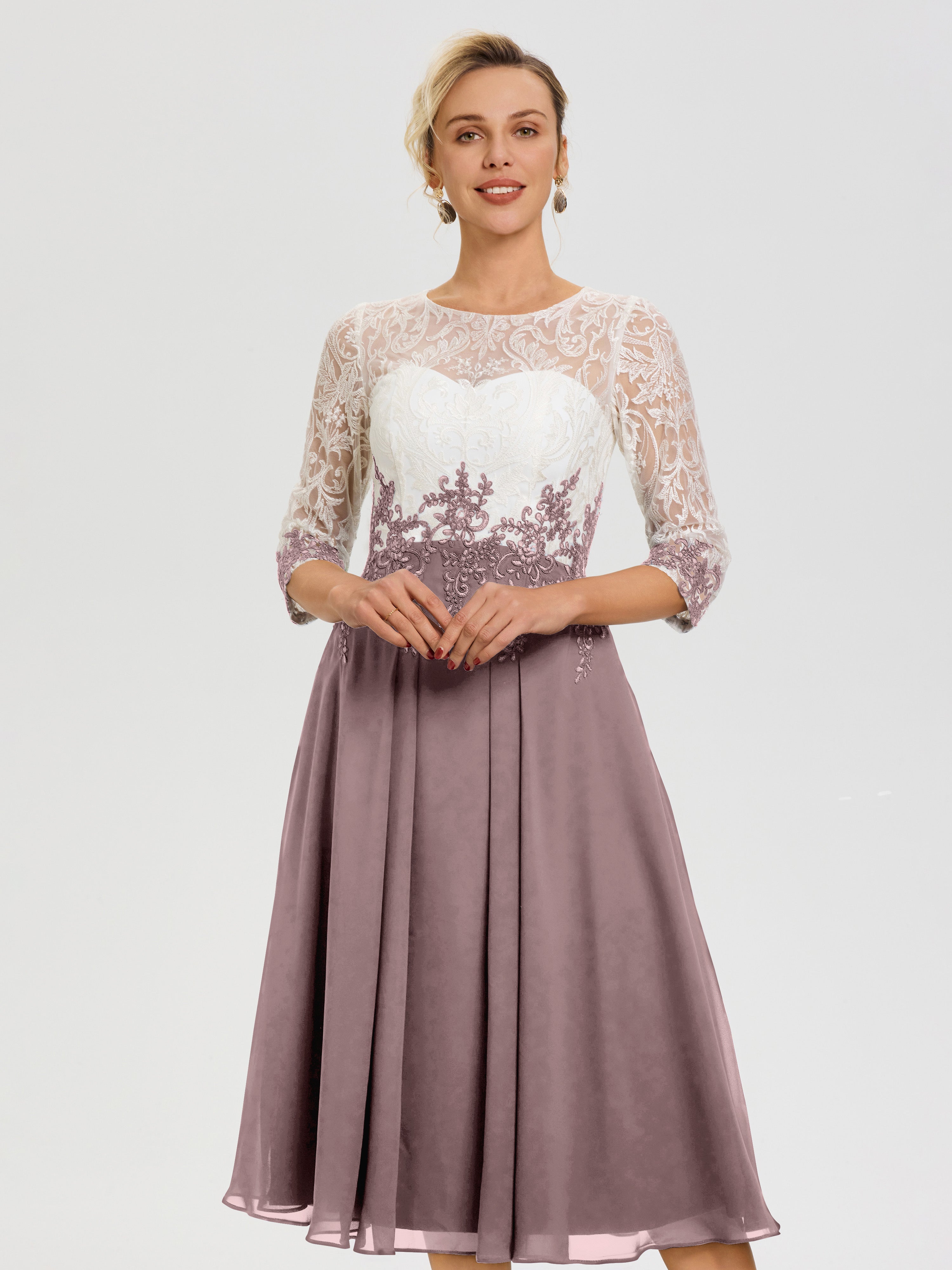 Robe Mère Mariée Moderne Vintage Mauve Col Rond Mousseline & Dentelle 3/4 Manches Robe Mère Mariée