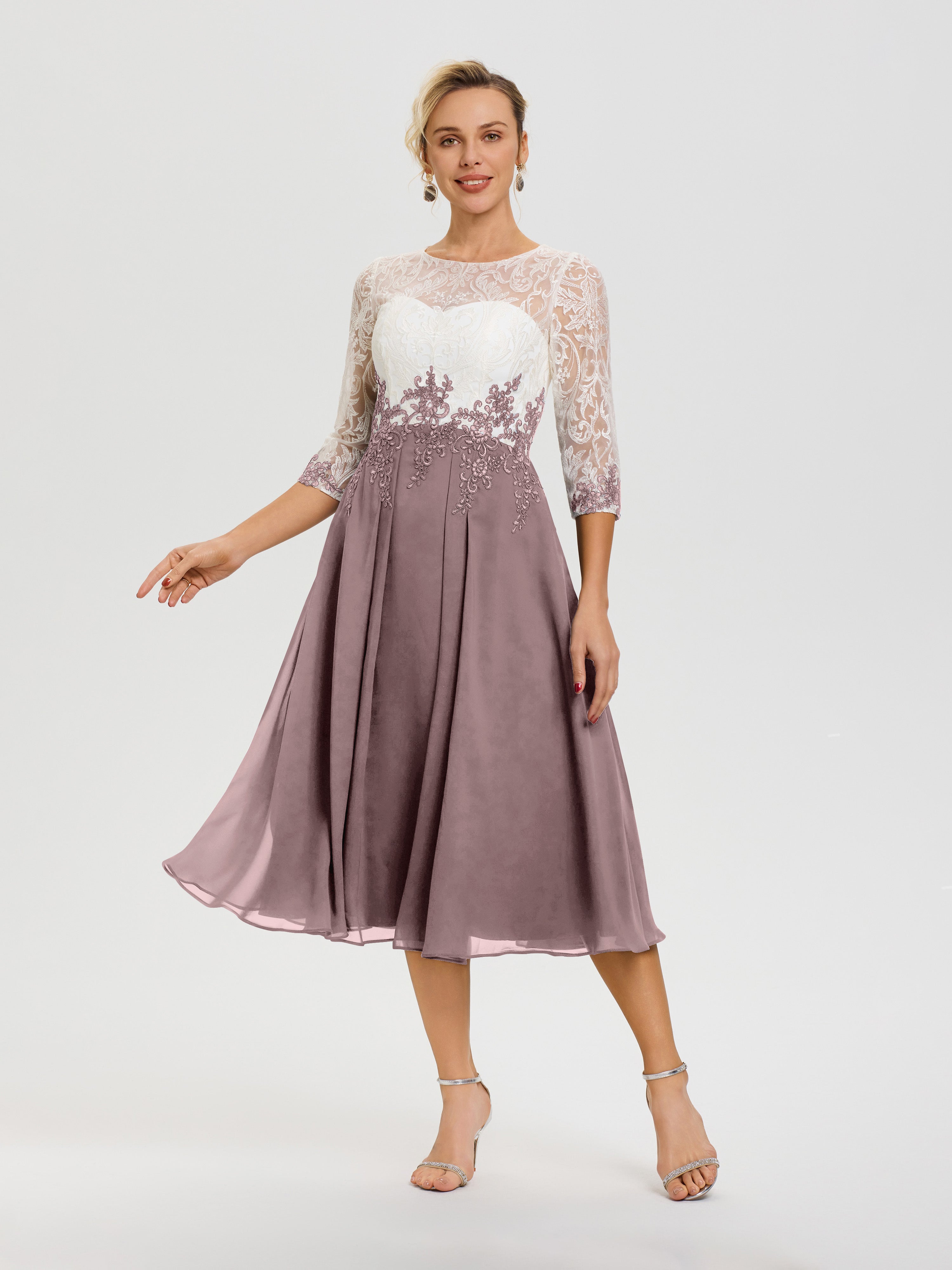 Robe Mère Mariée Moderne Vintage Mauve Col Rond Mousseline & Dentelle 3/4 Manches Robe Mère Mariée
