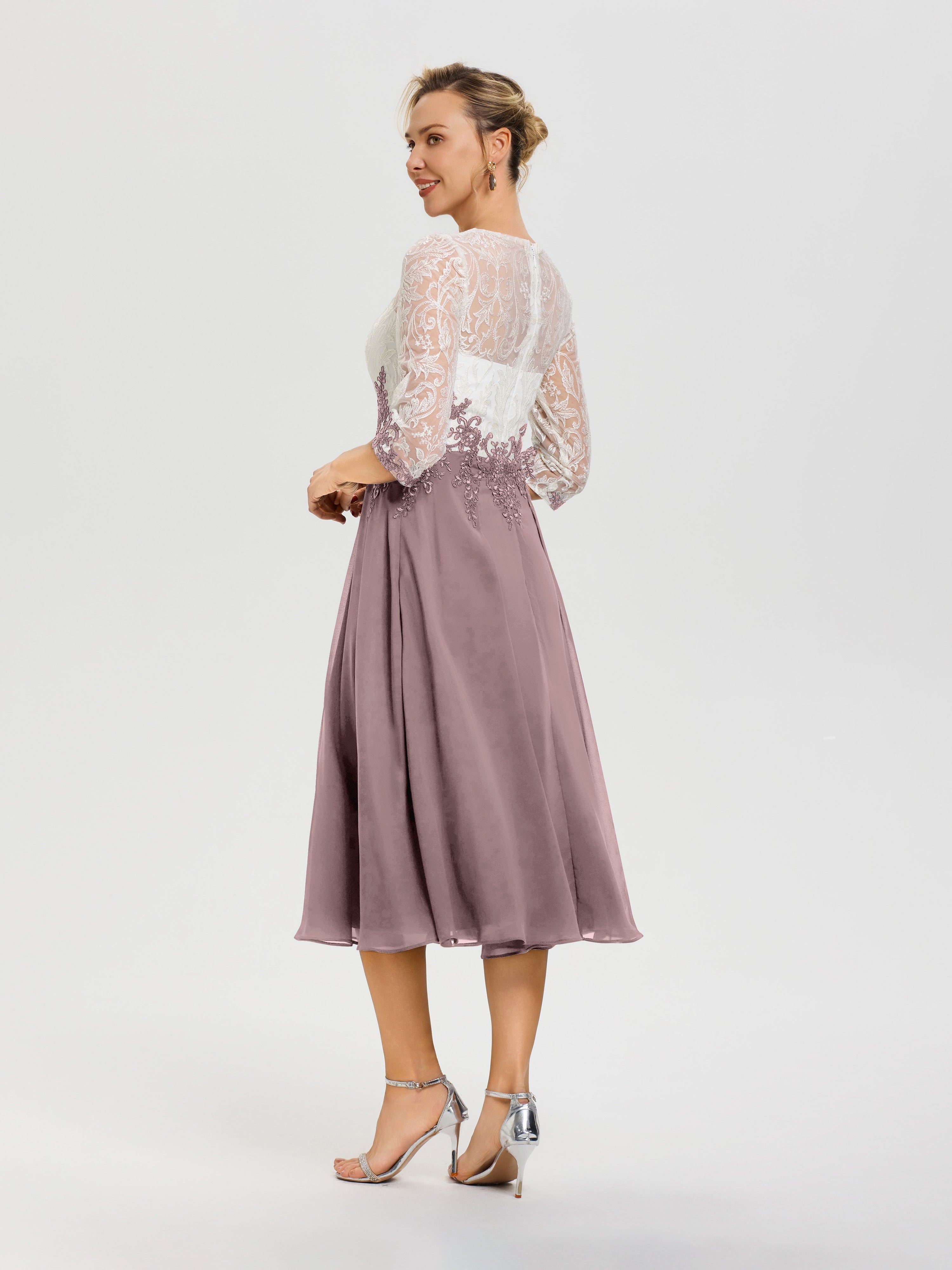 Robe Mère Mariée Moderne Vintage Mauve Col Rond Mousseline & Dentelle 3/4 Manches Robe Mère Mariée