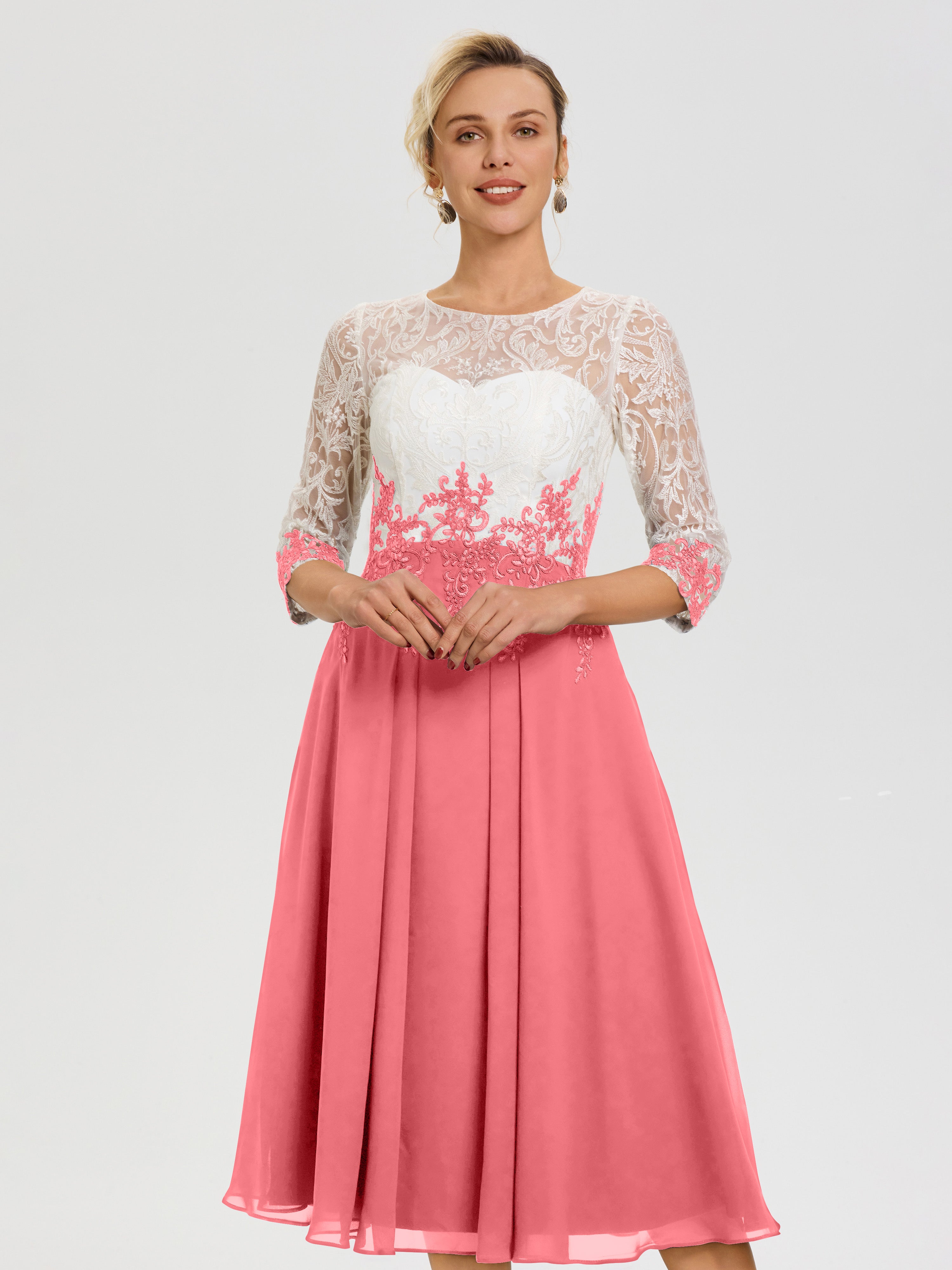 Robe De Cérémonie Mère De La Mariée Pastèque Col Rond Mousseline & Dentelle 3/4 Manches Robe Mère Mariée