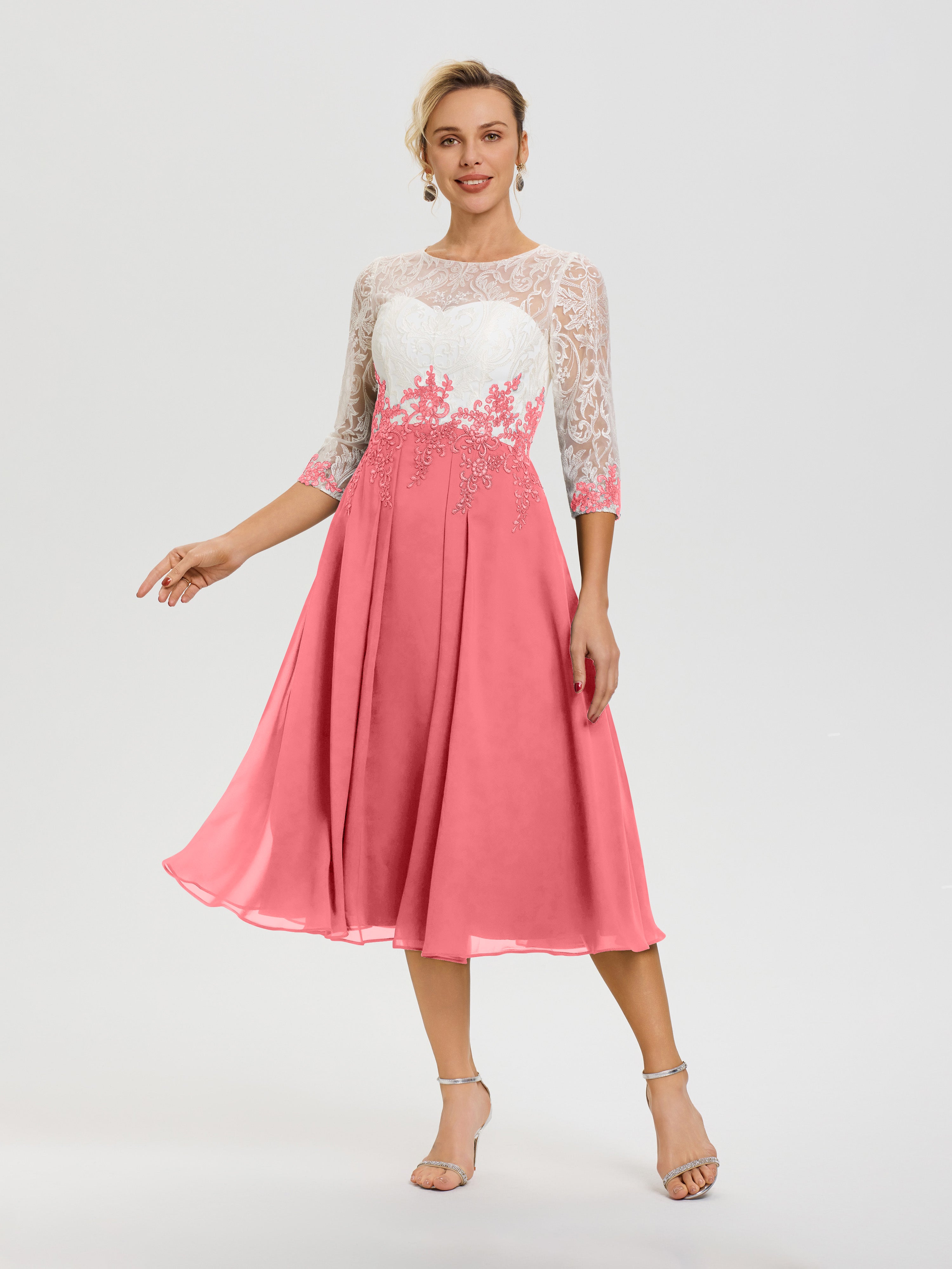 Robe De Cérémonie Mère De La Mariée Pastèque Col Rond Mousseline & Dentelle 3/4 Manches Robe Mère Mariée