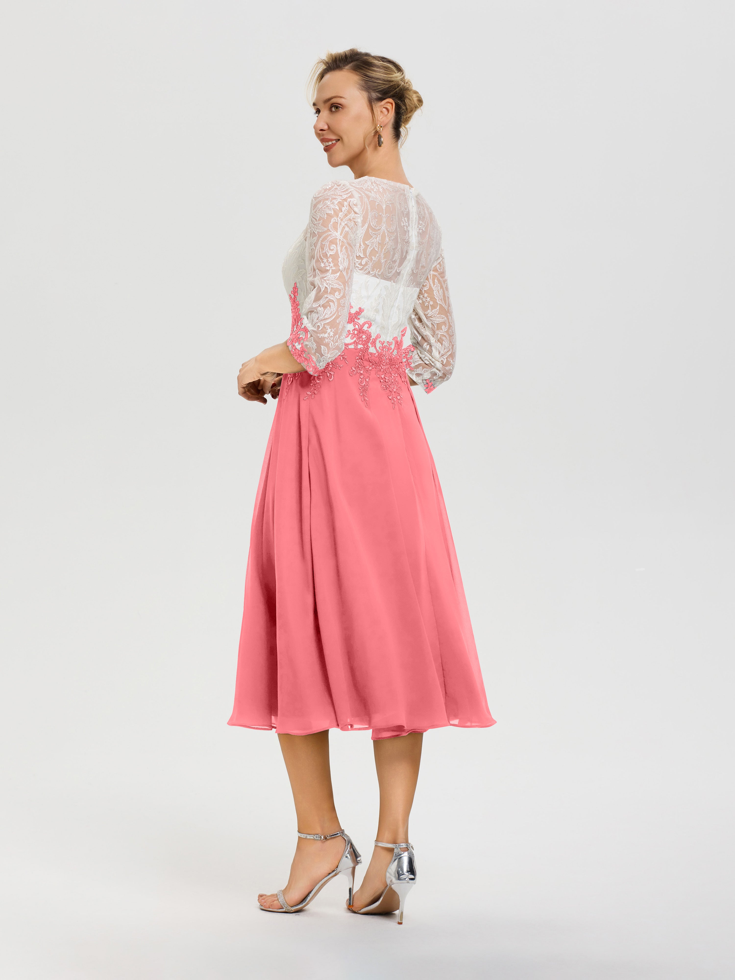 Robe De Cérémonie Mère De La Mariée Pastèque Col Rond Mousseline & Dentelle 3/4 Manches Robe Mère Mariée