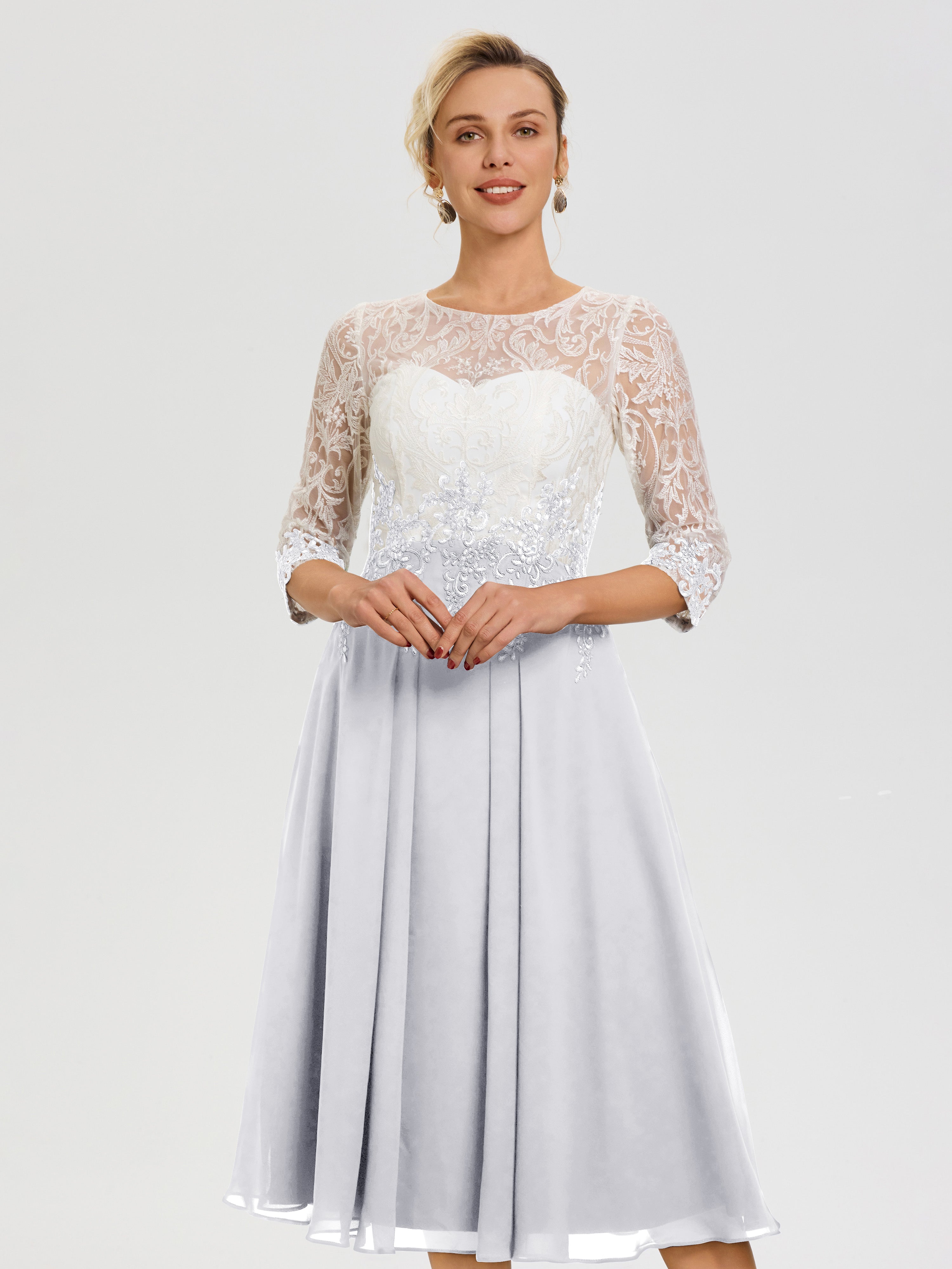 Robe Mère De Mariée Blanc Col Rond Mousseline & Dentelle 3/4 Manches Robe Mère Mariée