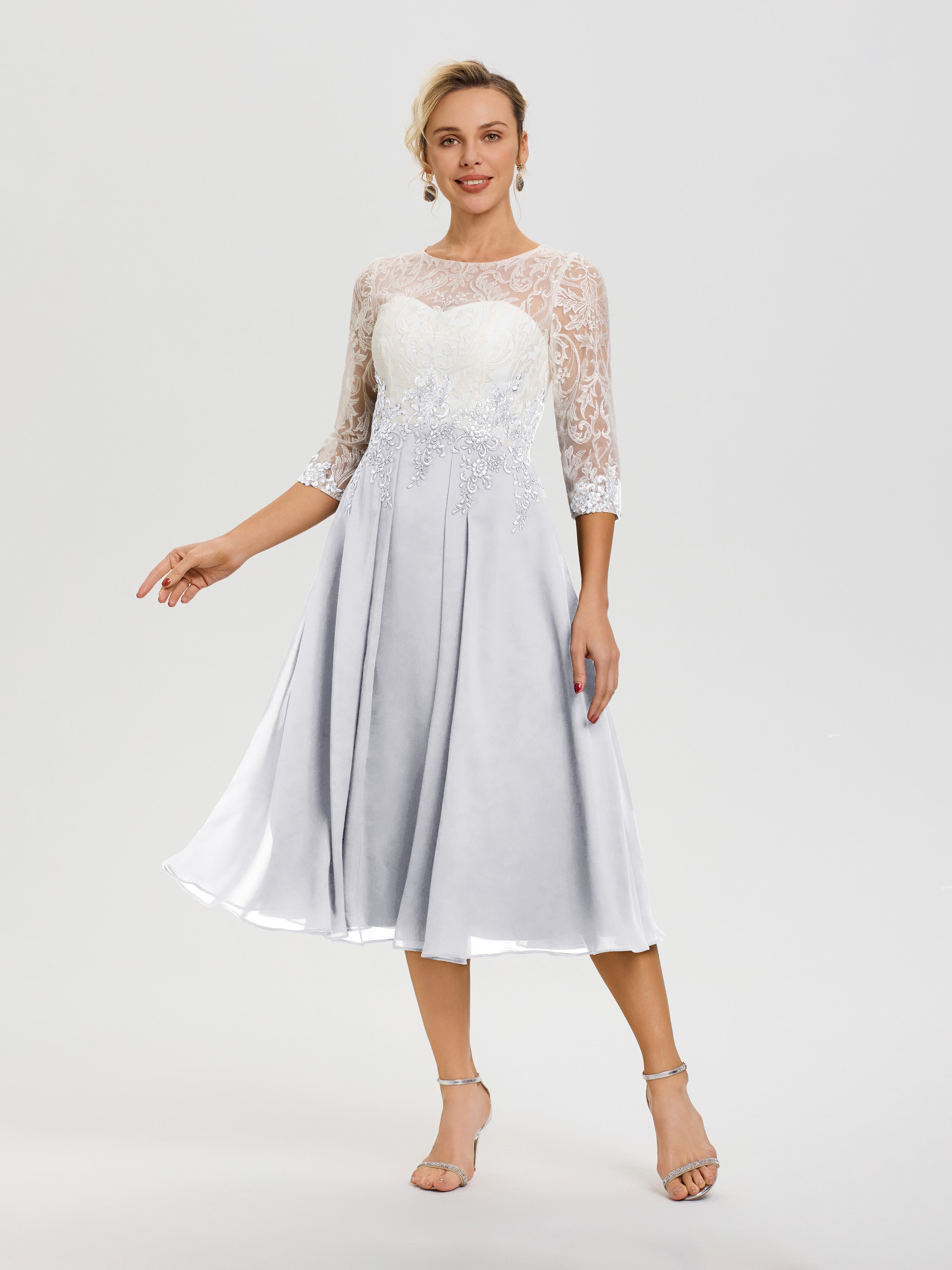 Robe Mère De Mariée Blanc Col Rond Mousseline & Dentelle 3/4 Manches Robe Mère Mariée